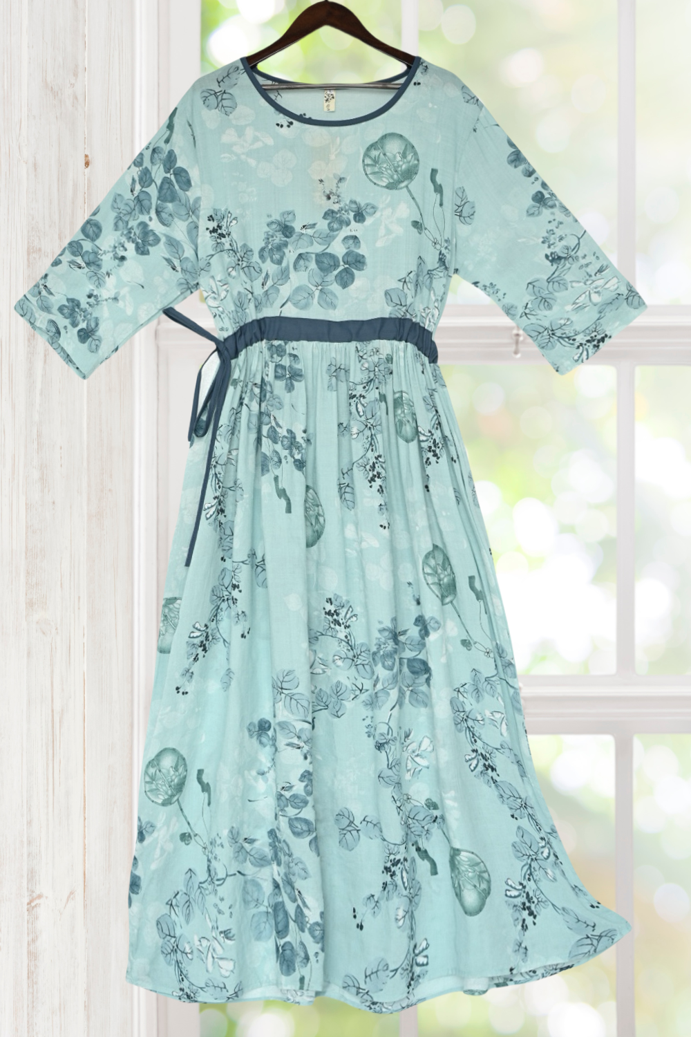 cotton half sleeve dress Sage Short Sleeve Round Neck Button Cotton Midi Dress