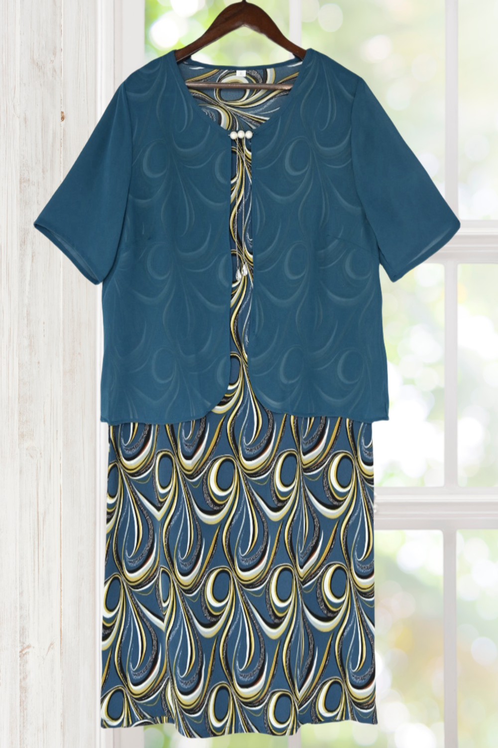 Maria Peacock Blue Cardigan Dress Fake 2pcs Set