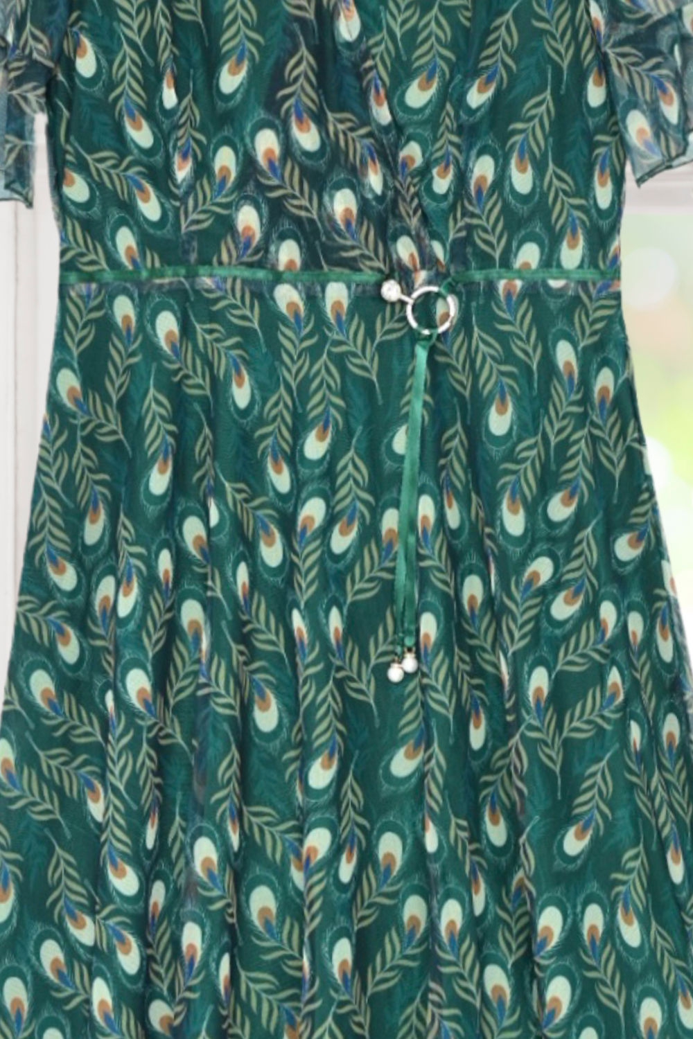 Frances Peacock Feather Print Dress with Belt Whisper Mint Frances Peacock Feather Print Dress with Belt Whisper Mint