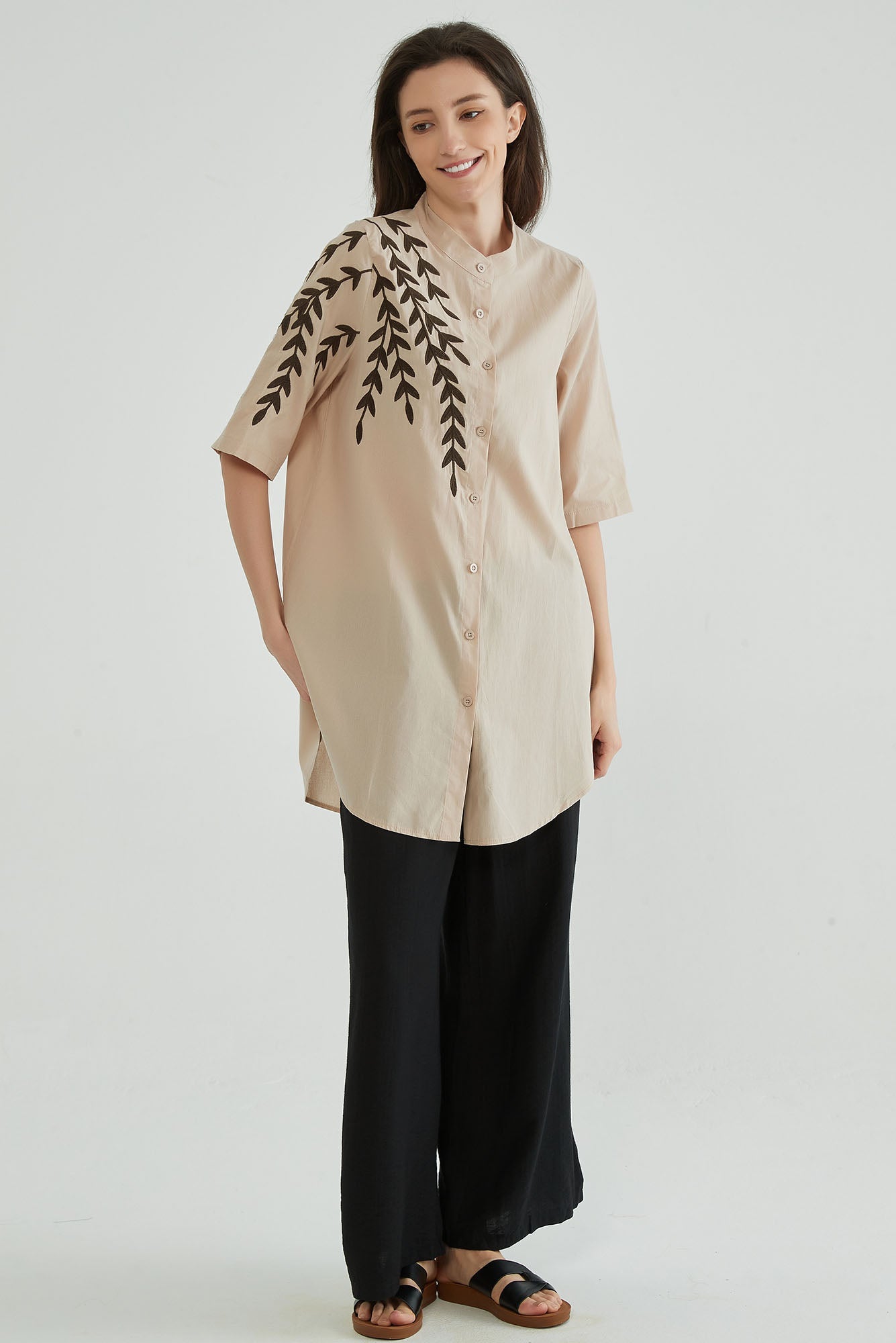 Almond Beige Women Embroidered Kaftan - Whisper Mint