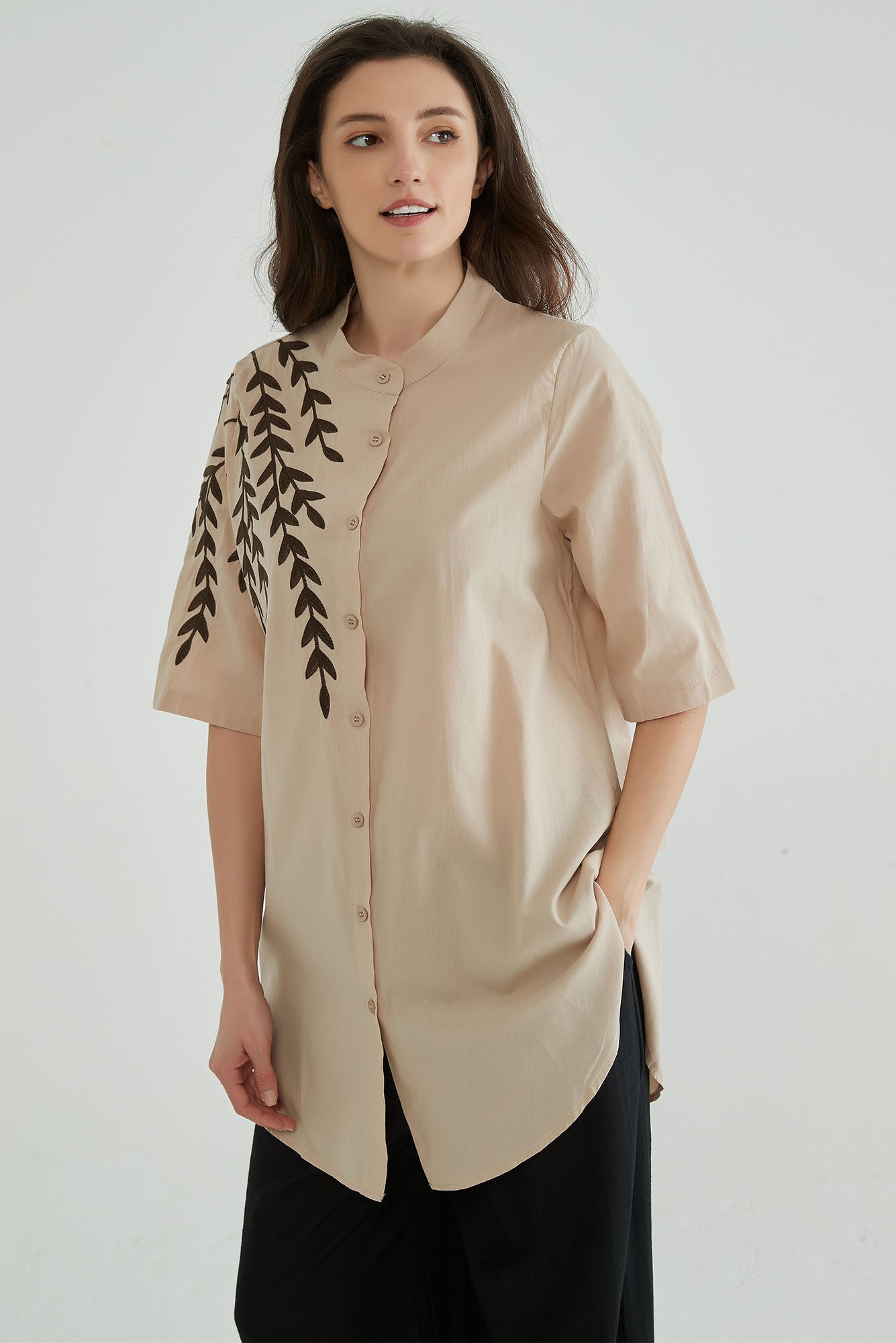 Almond Beige Women Embroidered Kaftan - Whisper Mint