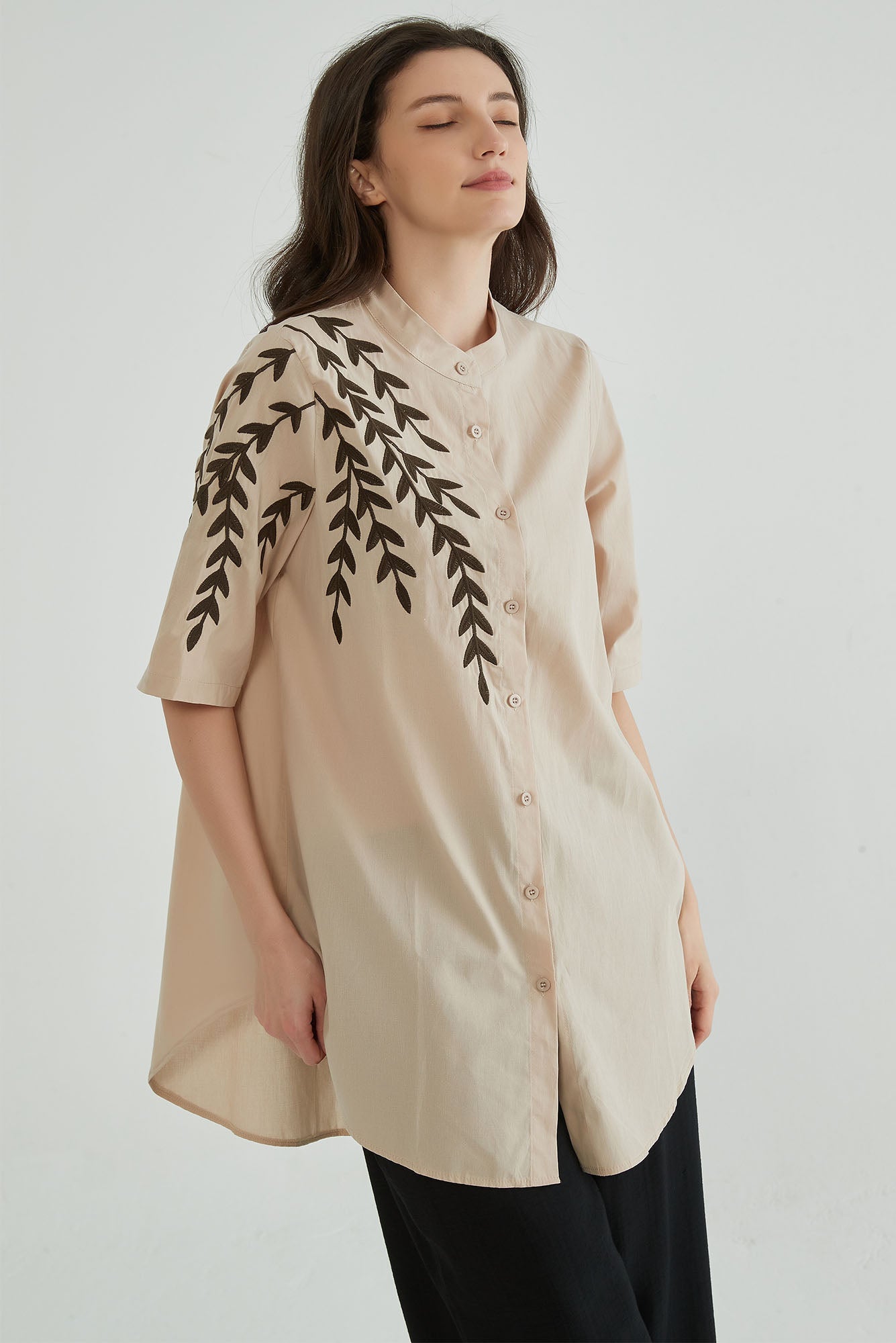 Almond Beige Women Embroidered Kaftan - Whisper Mint