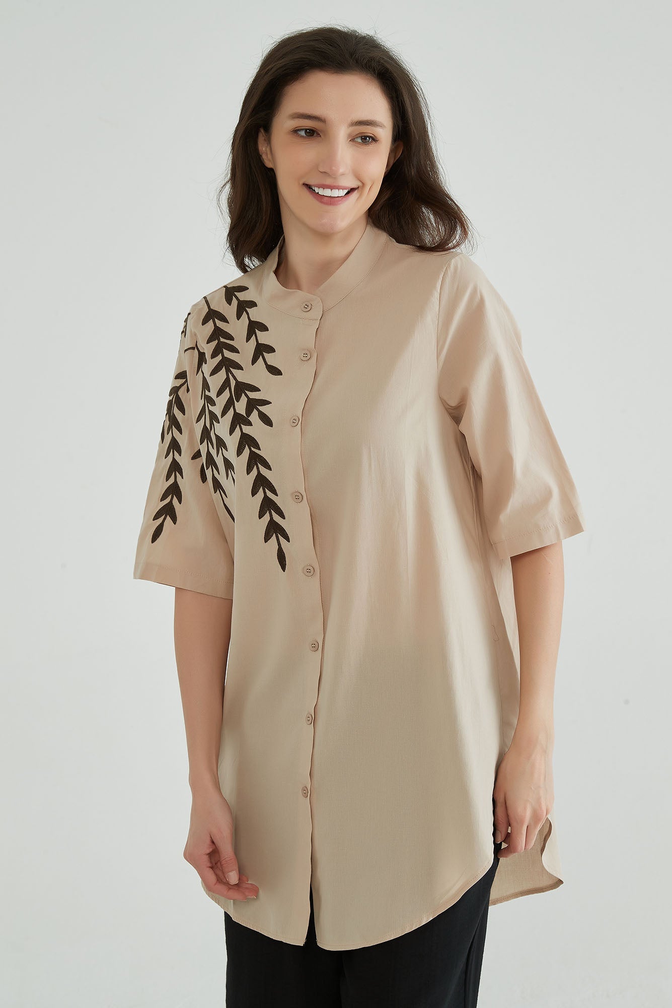 Almond Beige Women Embroidered Kaftan - Whisper Mint