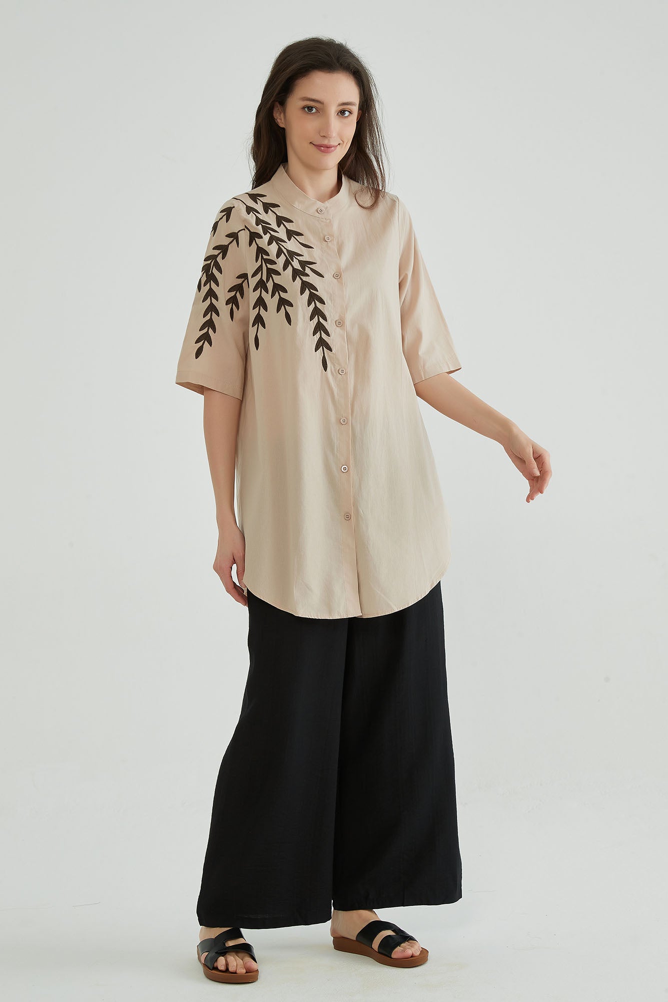 Almond Beige Women Embroidered Kaftan - Whisper Mint