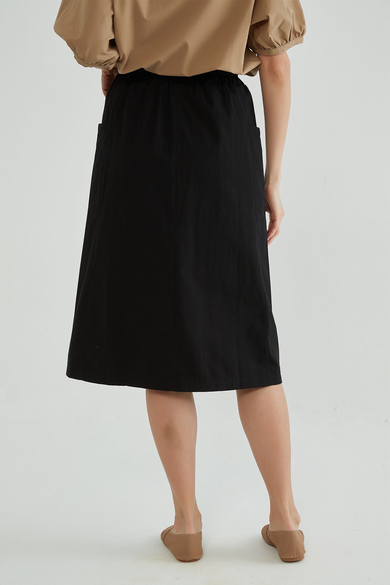 Basalt Black Cotton Midi Skirt with Pocket - Whisper Mint