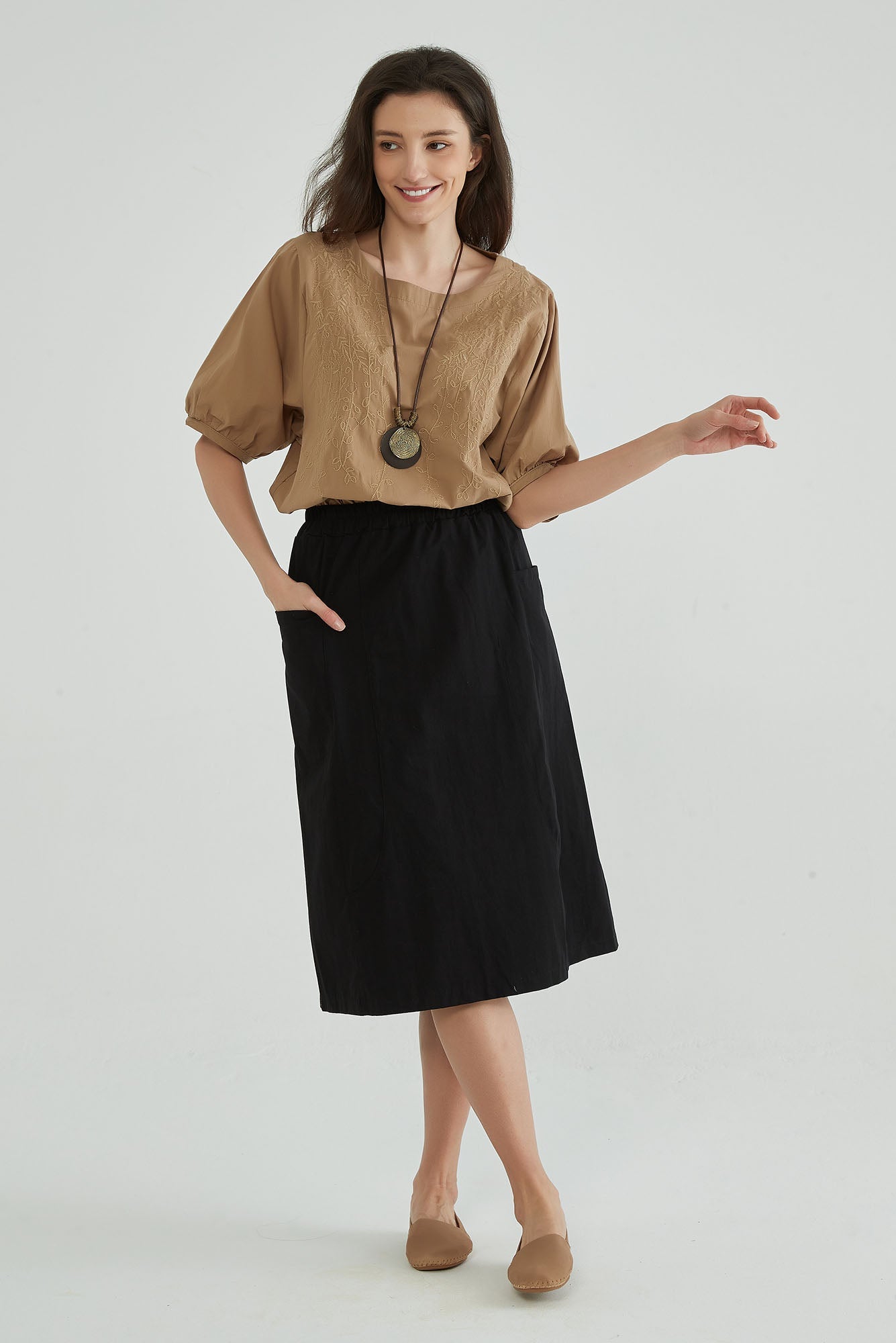 Basalt Black Cotton Midi Skirt with Pocket - Whisper Mint