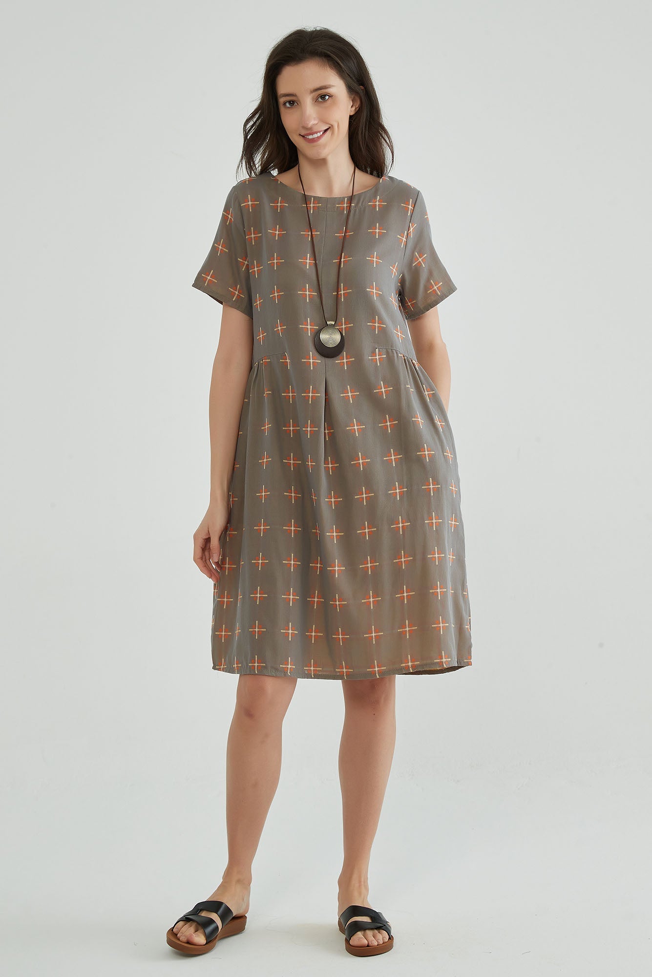 Brownish Gray A-Line Jacquard Gauze Dress - Whisper Mint