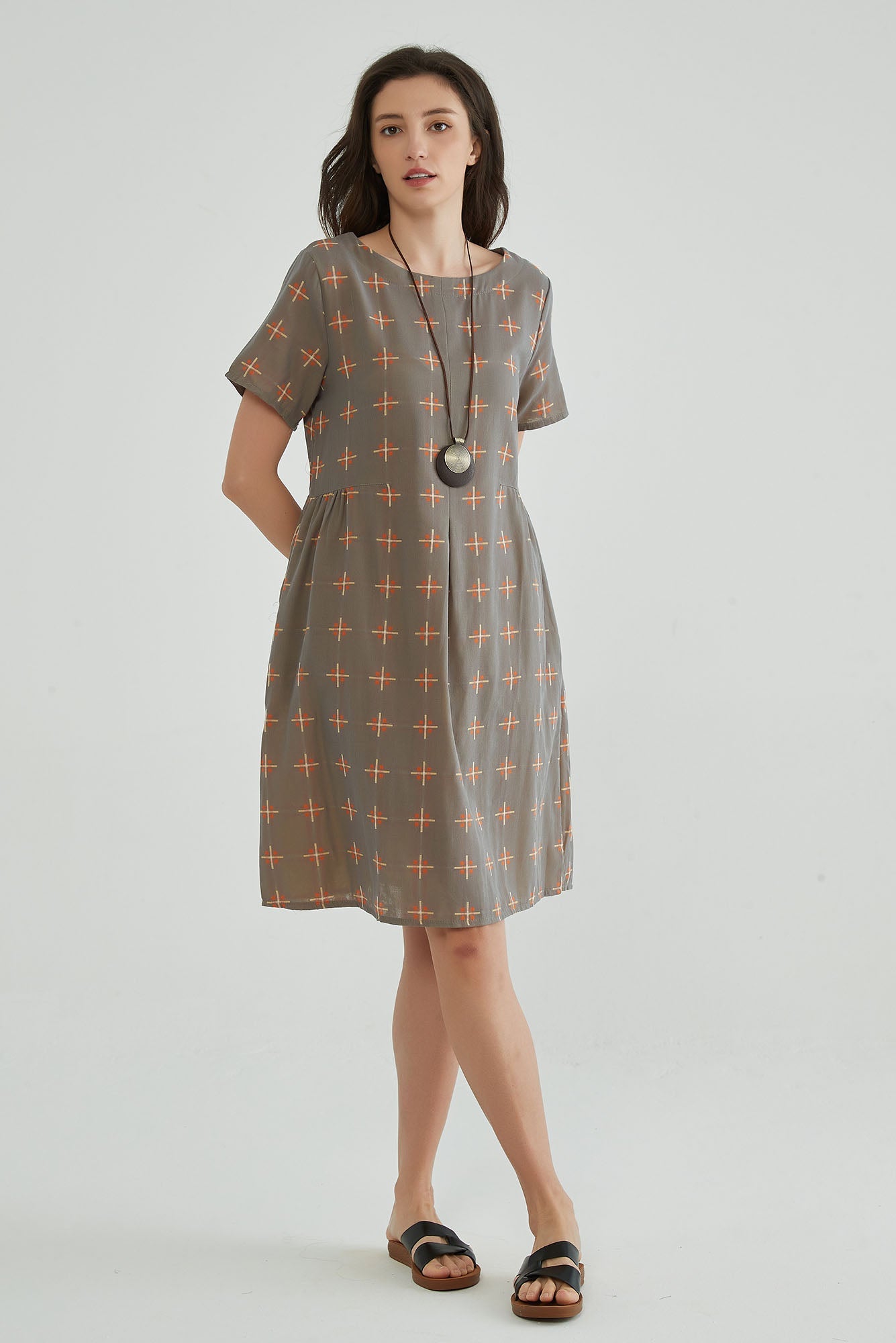 Brownish Gray A-Line Jacquard Gauze Dress - Whisper Mint