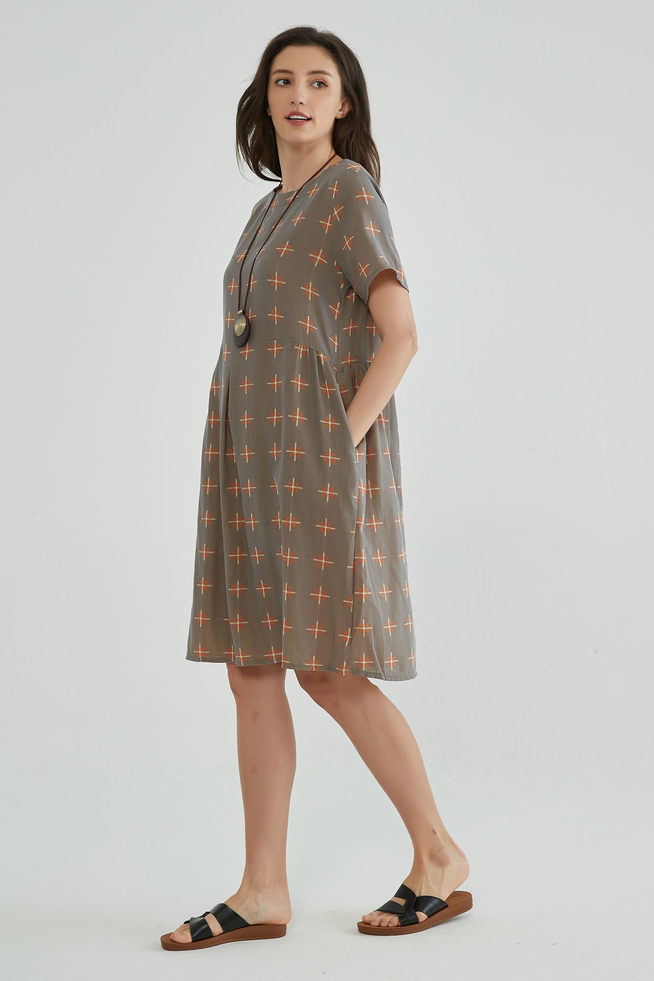 Brownish Gray A-Line Jacquard Gauze Dress - Whisper Mint