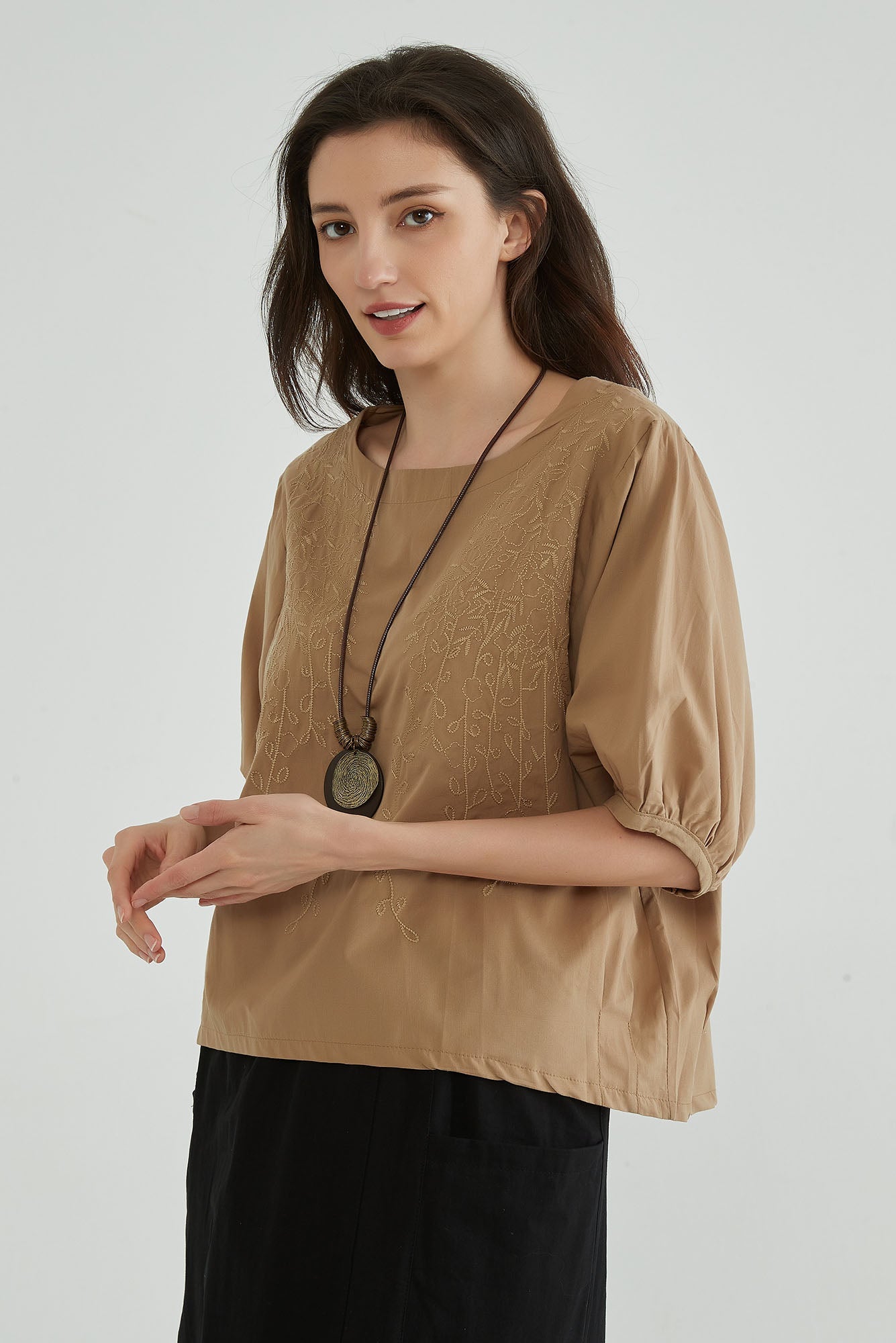 Caramel Cotton Embroidery Top - Whisper Mint