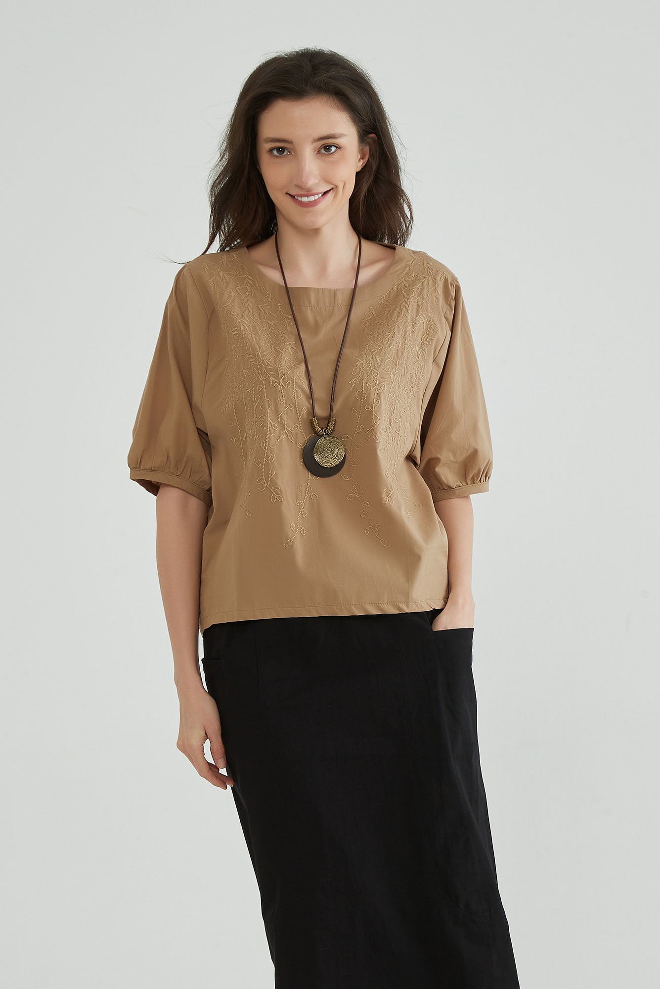 Caramel Cotton Embroidery Top - Whisper Mint