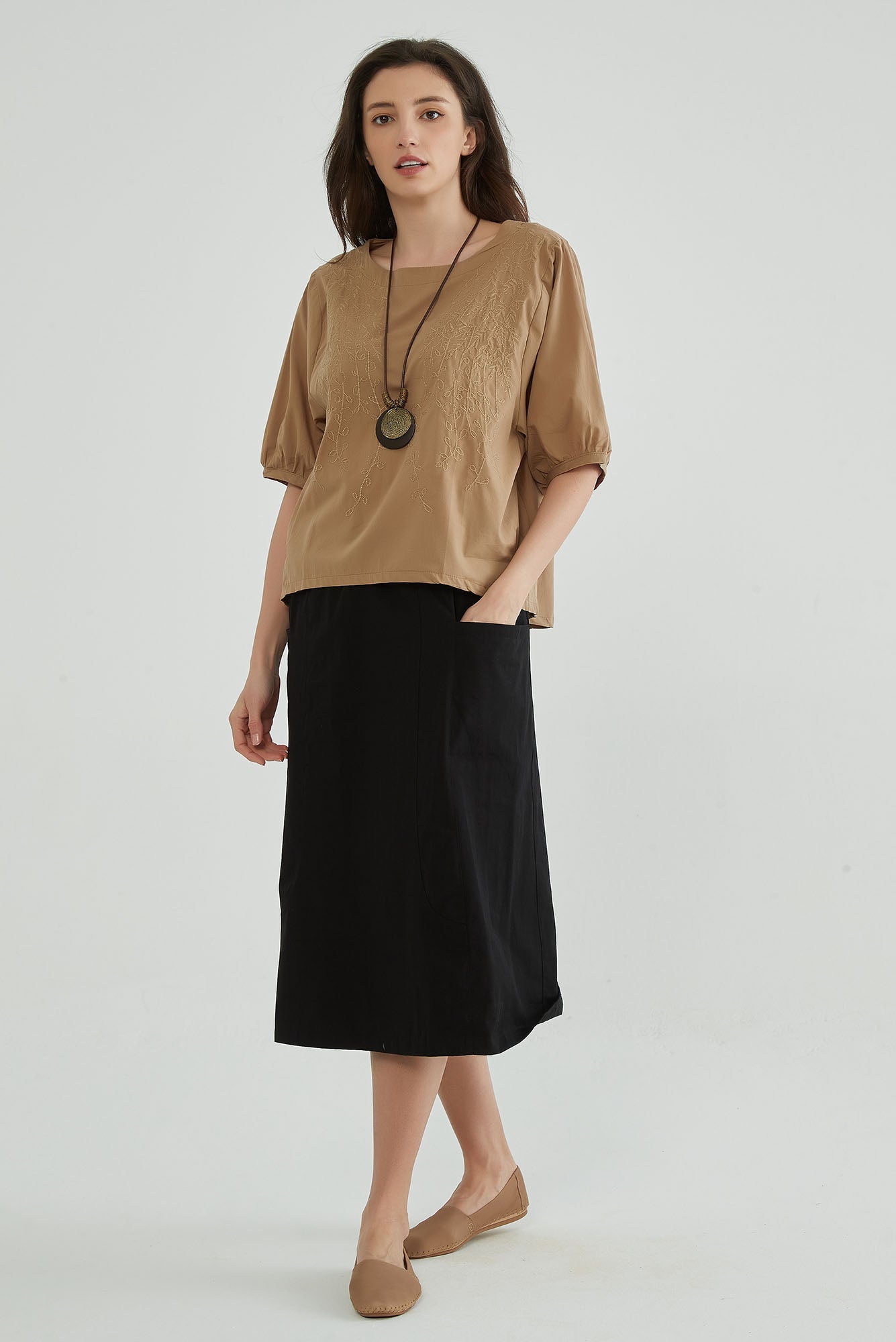 Caramel Cotton Embroidery Top - Whisper Mint