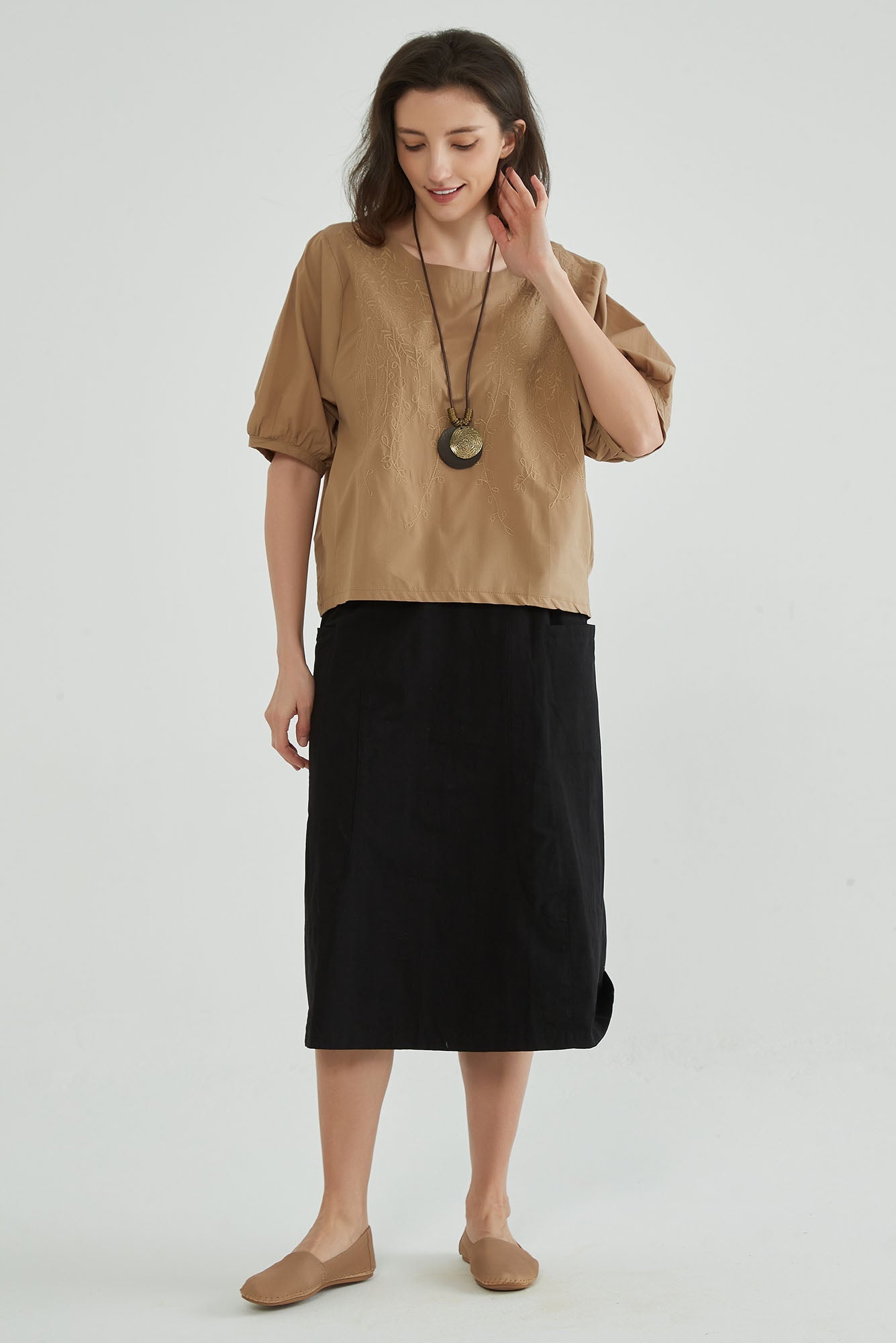 Caramel Cotton Embroidery Top - Whisper Mint