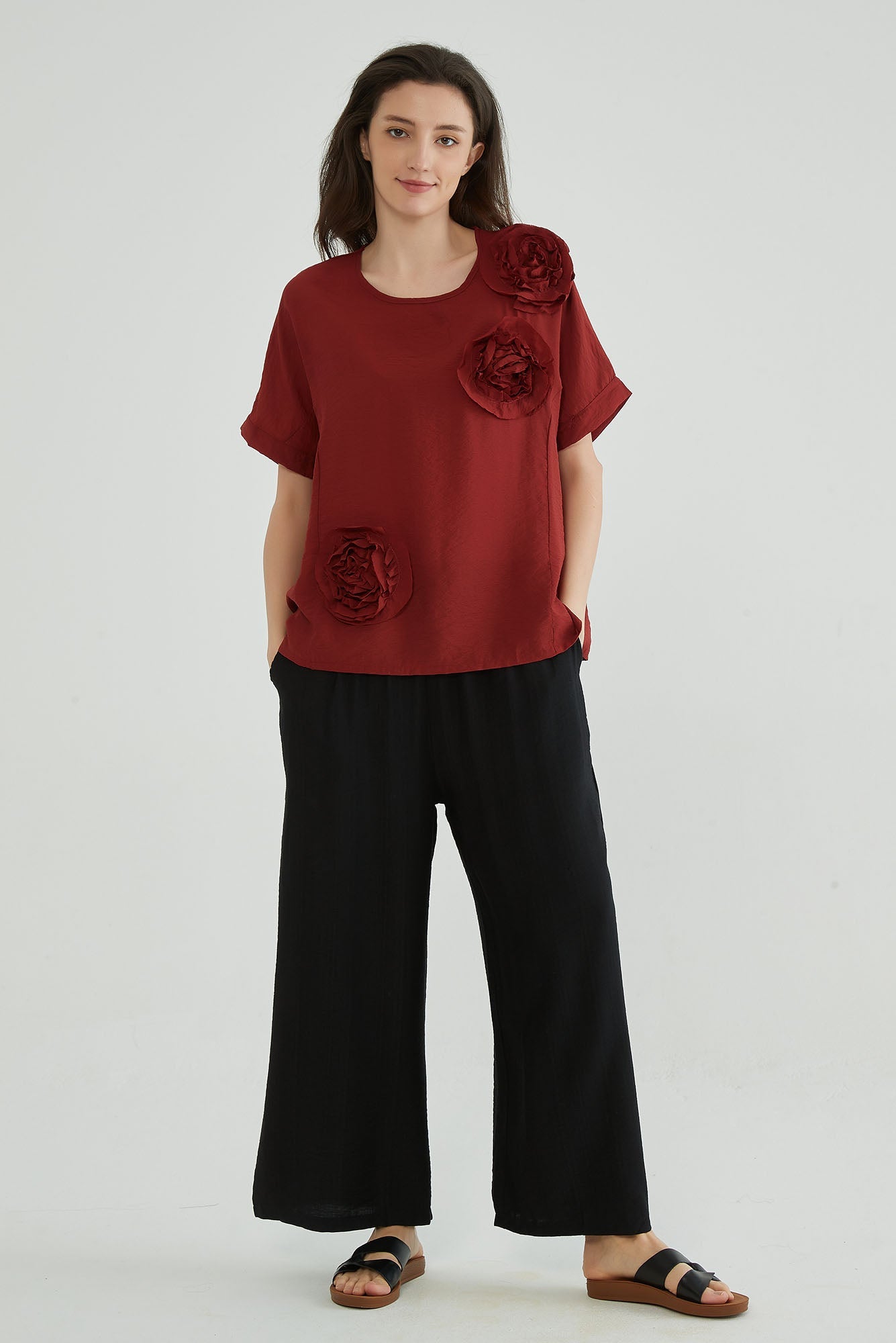 Cherrywood Women Flower Applique Top - Whisper Mint