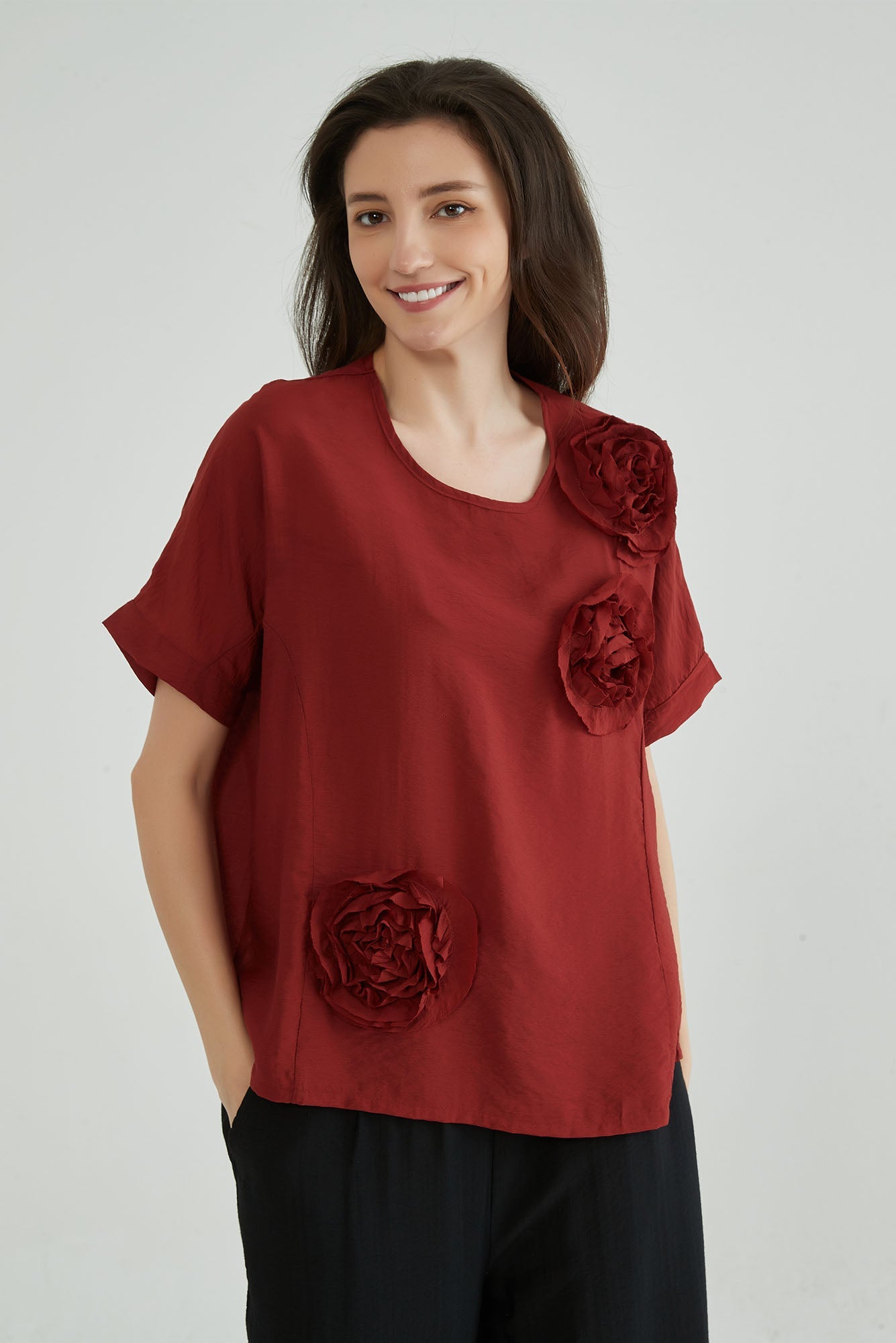 Cherrywood Women Flower Applique Top - Whisper Mint