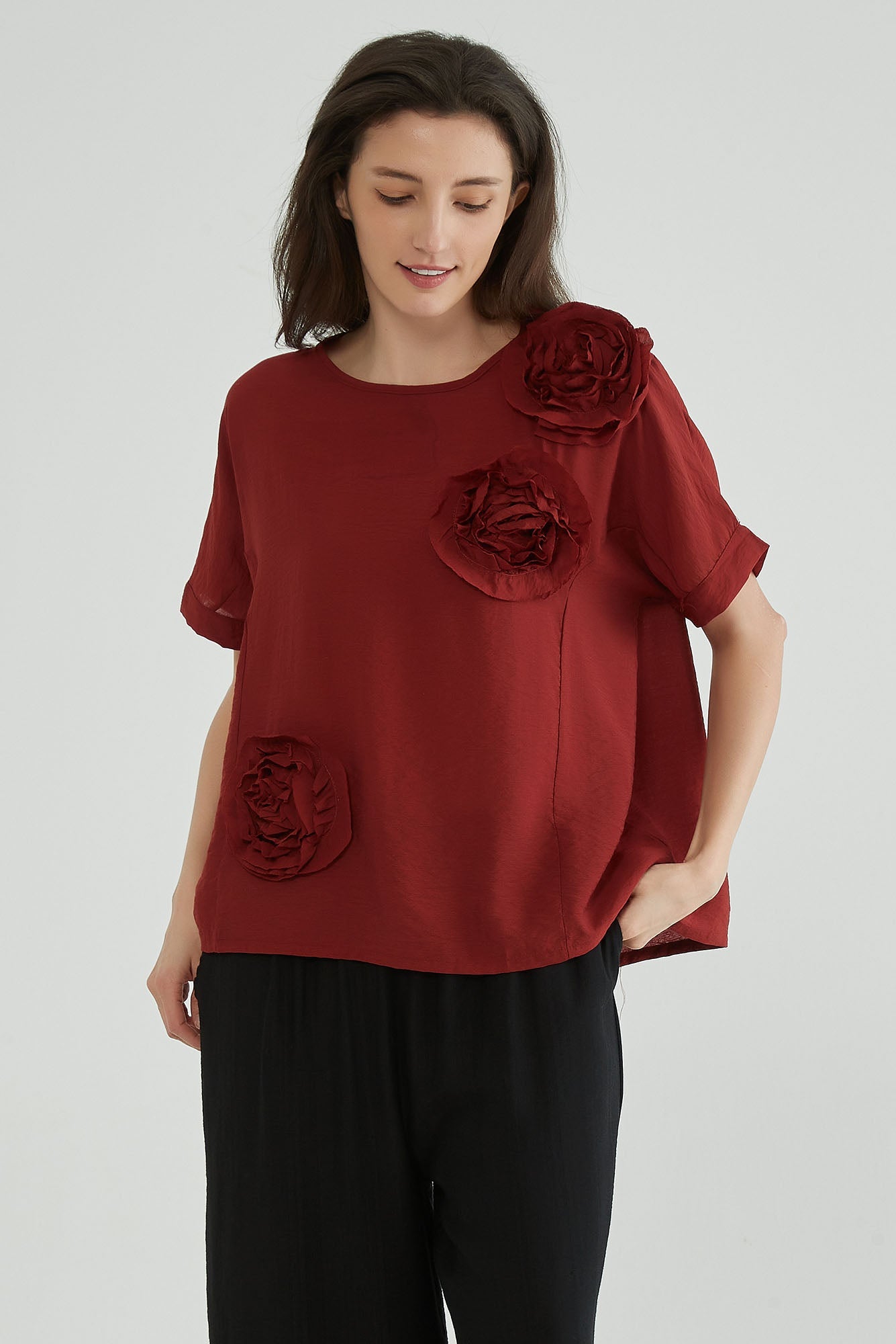 Cherrywood Women Flower Applique Top - Whisper Mint