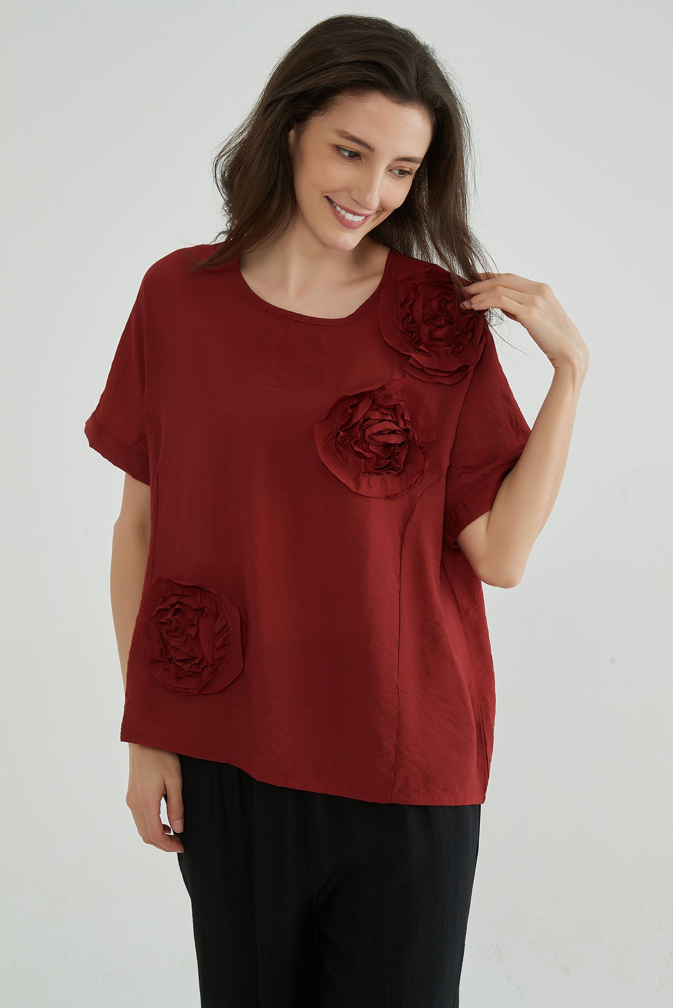 Cherrywood Women Flower Applique Top - Whisper Mint