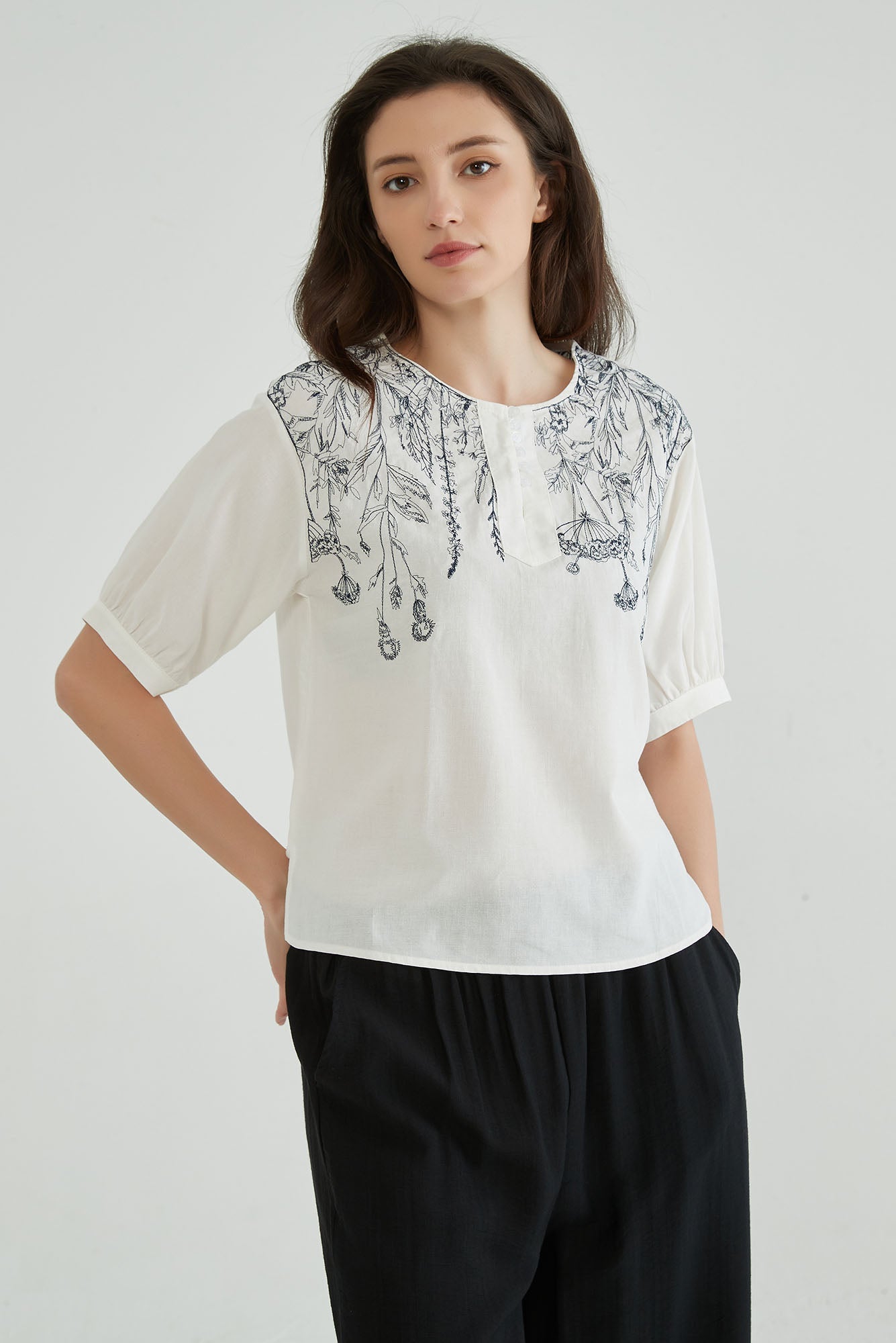 Cotton Linen White Embroidered Top - Whisper Mint