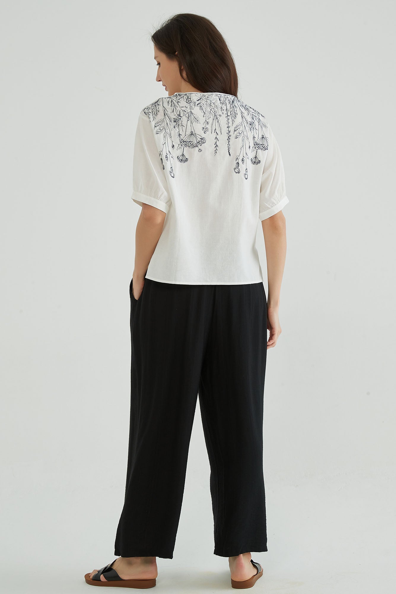 Cotton Linen White Embroidered Top - Whisper Mint