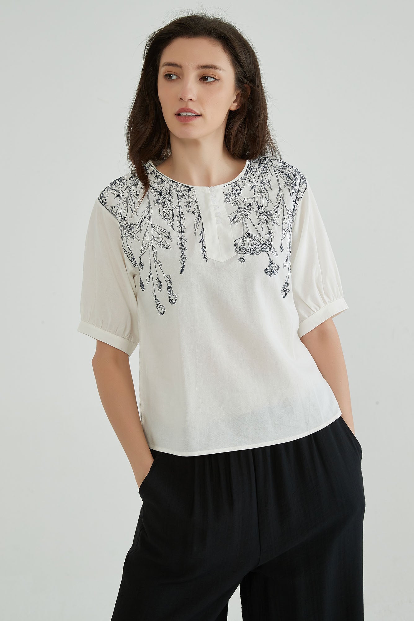 Cotton Linen White Embroidered Top - Whisper Mint