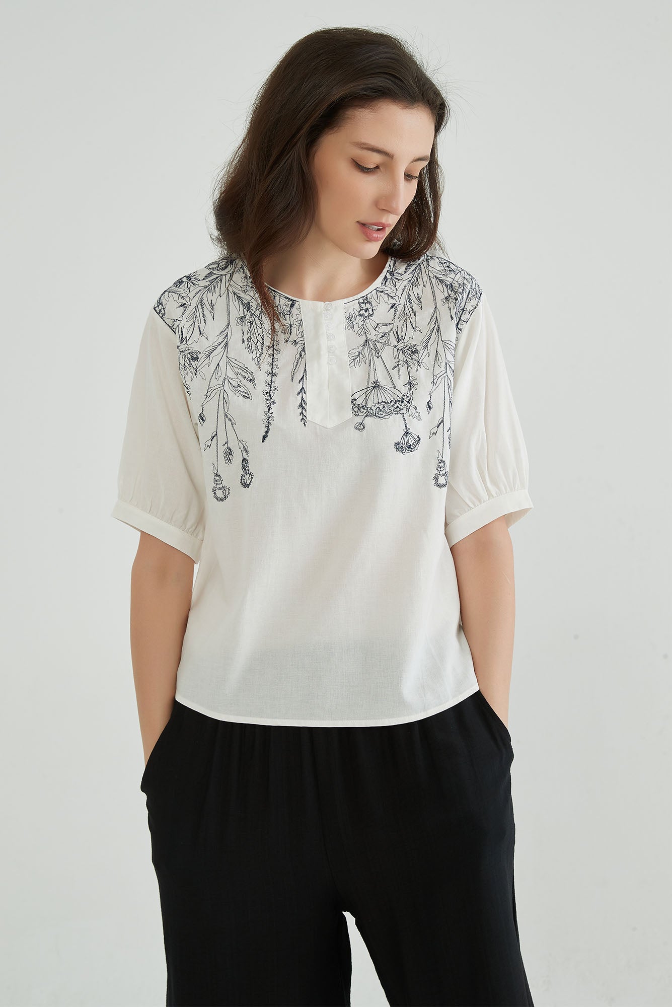 Cotton Linen White Embroidered Top - Whisper Mint