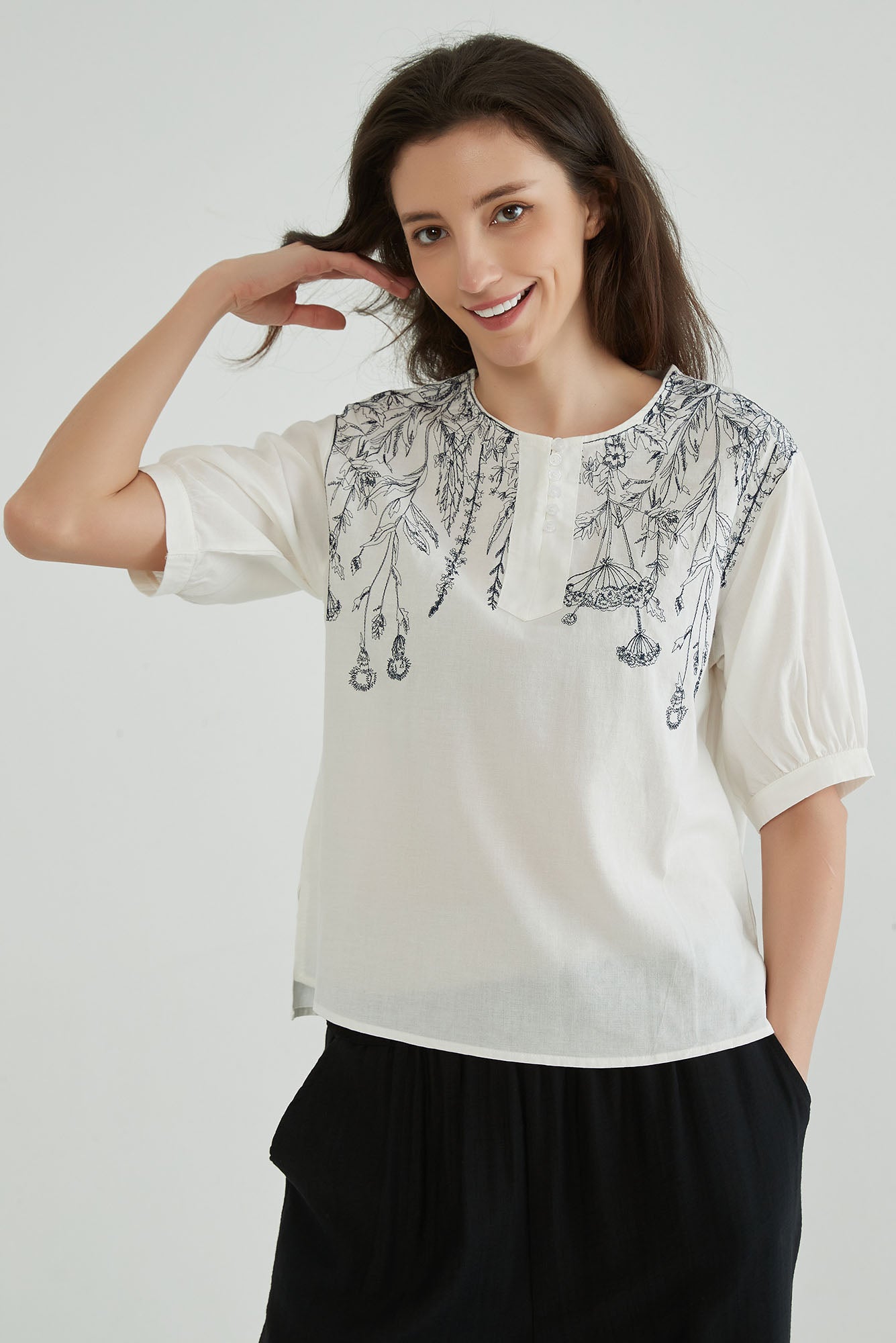 Cotton Linen White Embroidered Top - Whisper Mint