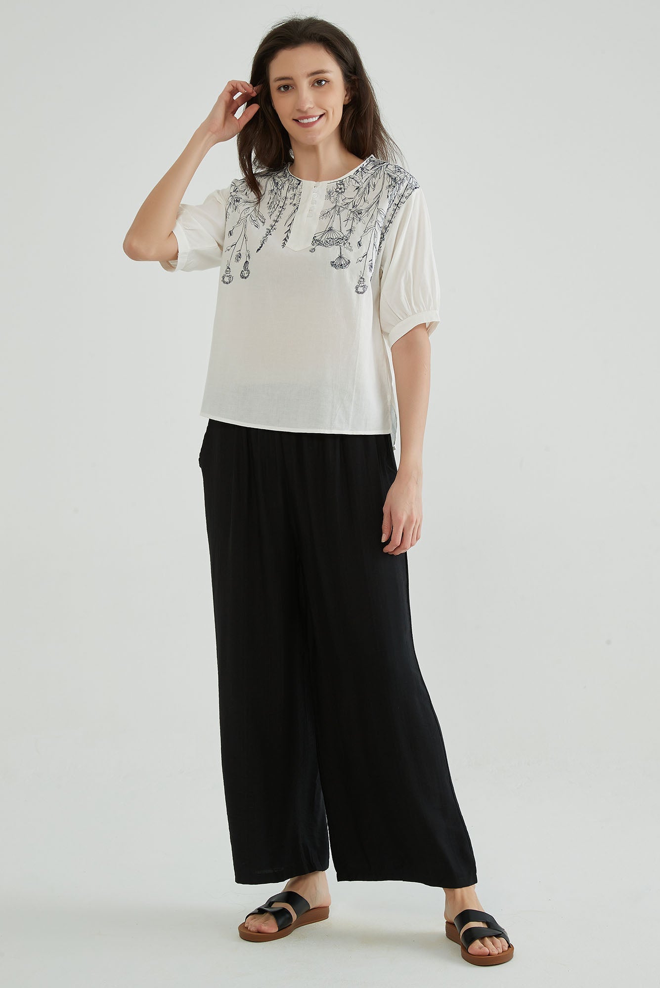 Cotton Linen White Embroidered Top - Whisper Mint