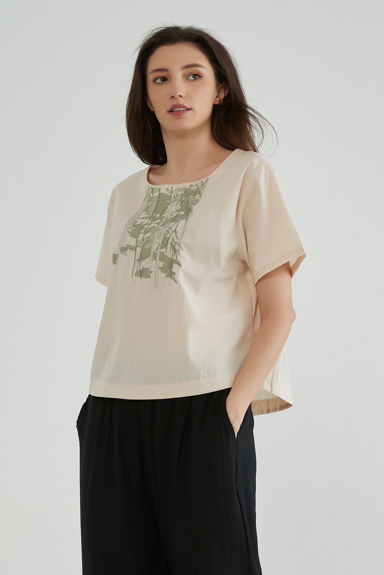 Cotton Seed Short Sleeves Boho Embroidered Top - Whisper Mint