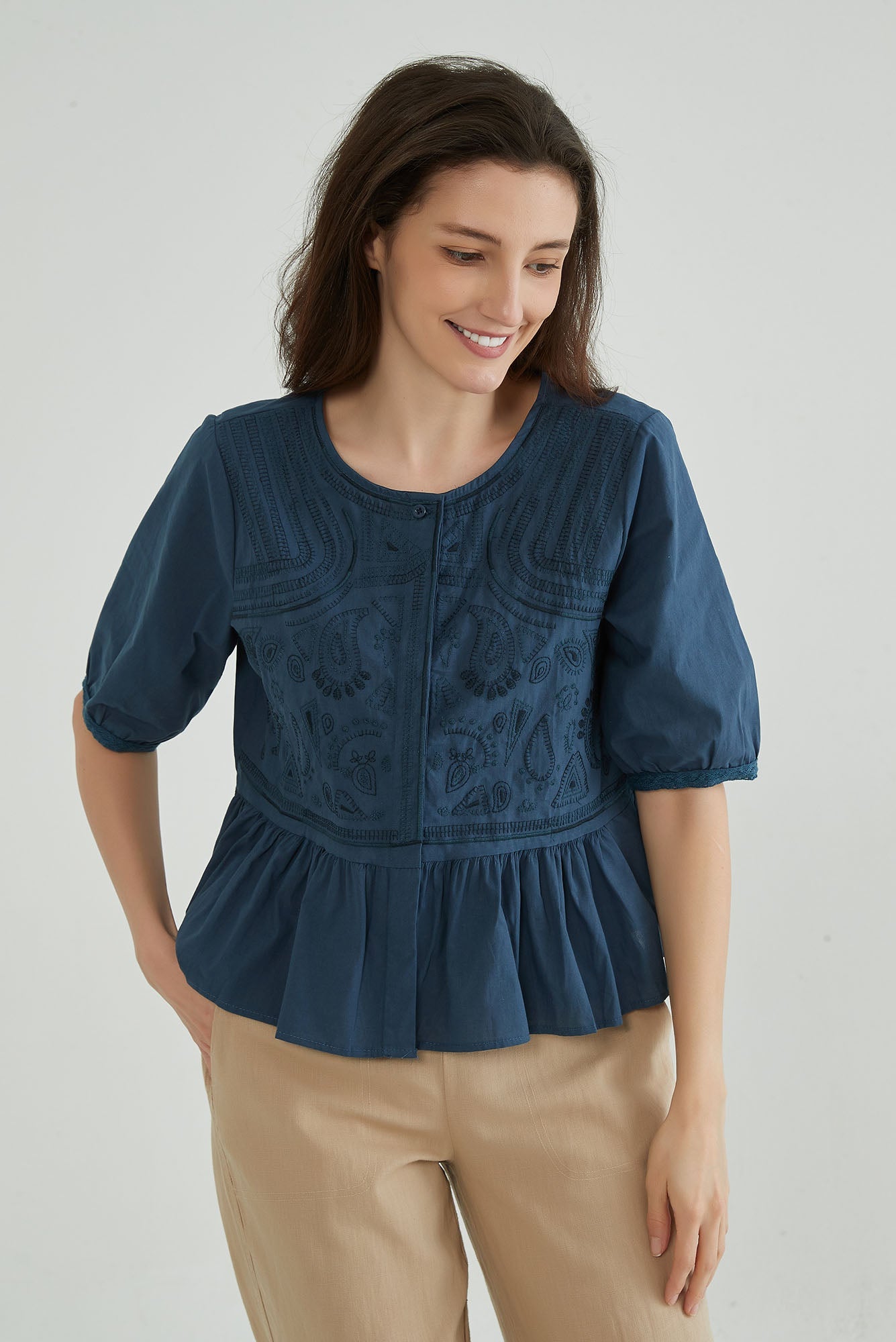 Dark Navy Embroidered Shirt - Whisper Mint