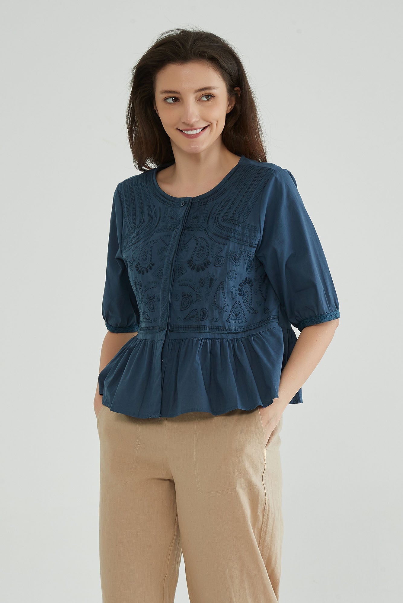 Dark Navy Embroidered Shirt - Whisper Mint