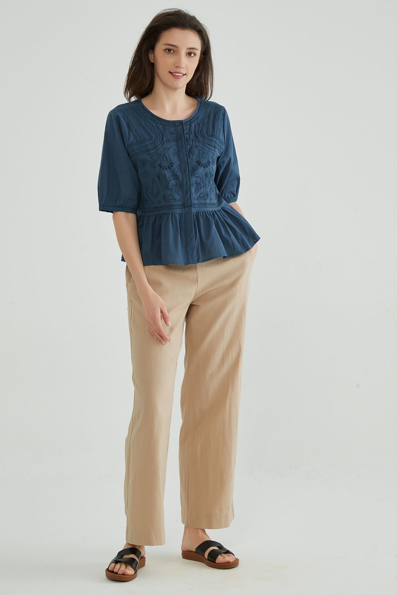 Dark Navy Embroidered Shirt - Whisper Mint