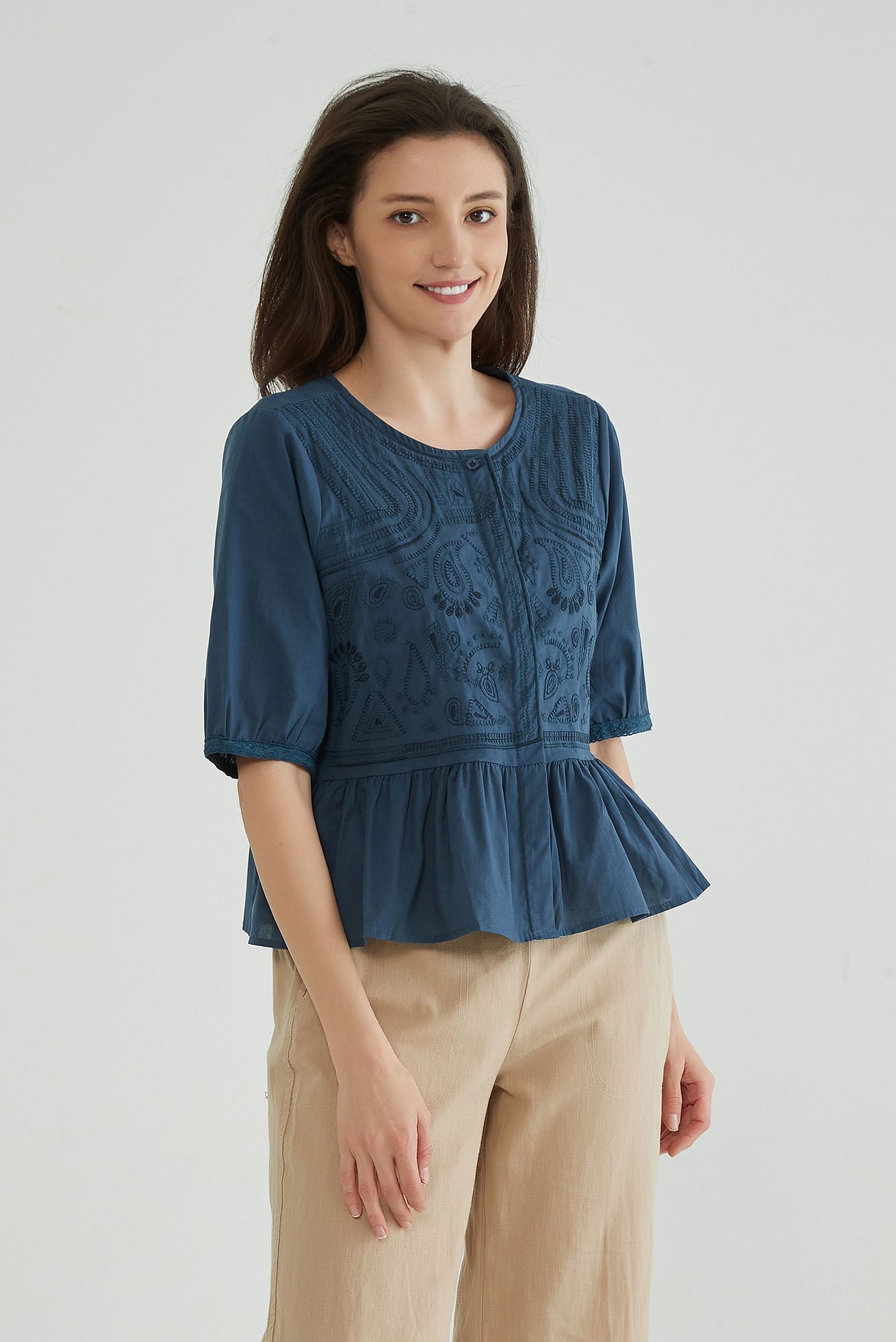 Dark Navy Embroidered Shirt - Whisper Mint