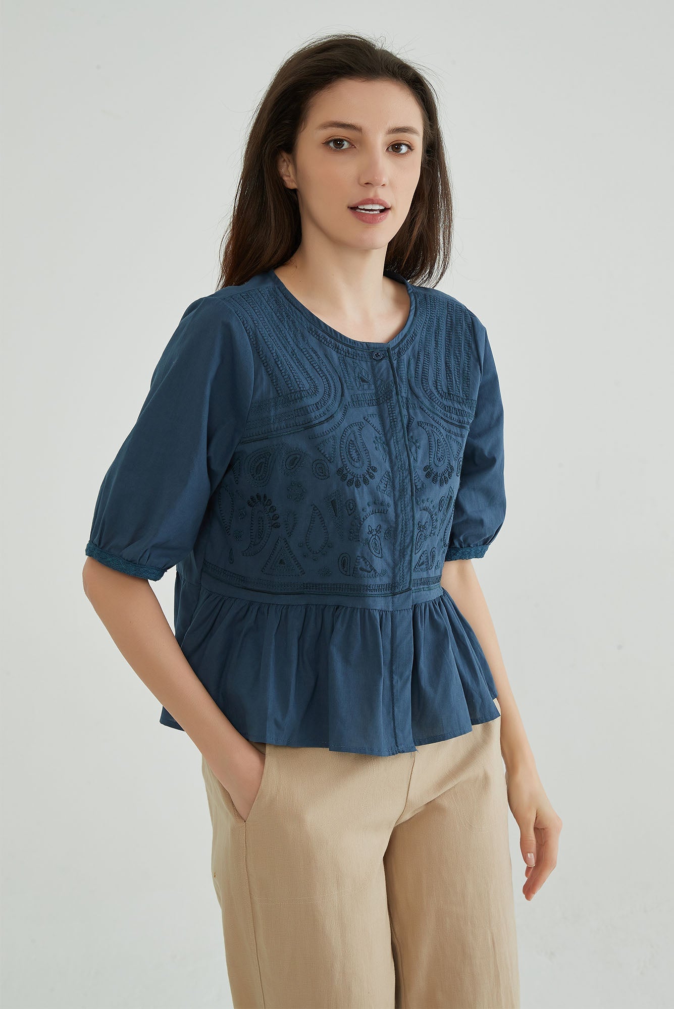 Dark Navy Embroidered Shirt - Whisper Mint