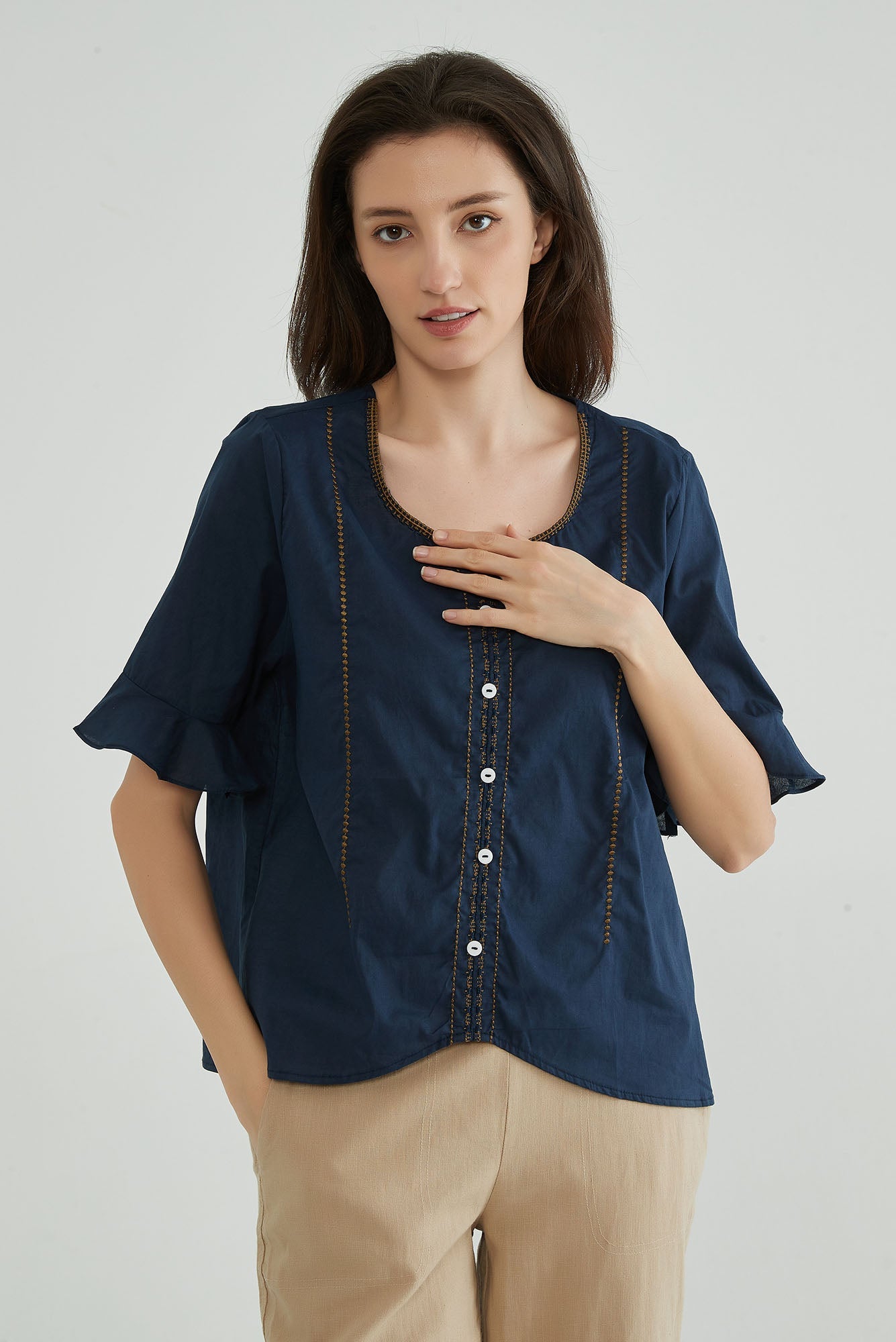 Dark Navy Embroidery Cotton Linen Tops for Ladies - Whisper Mint
