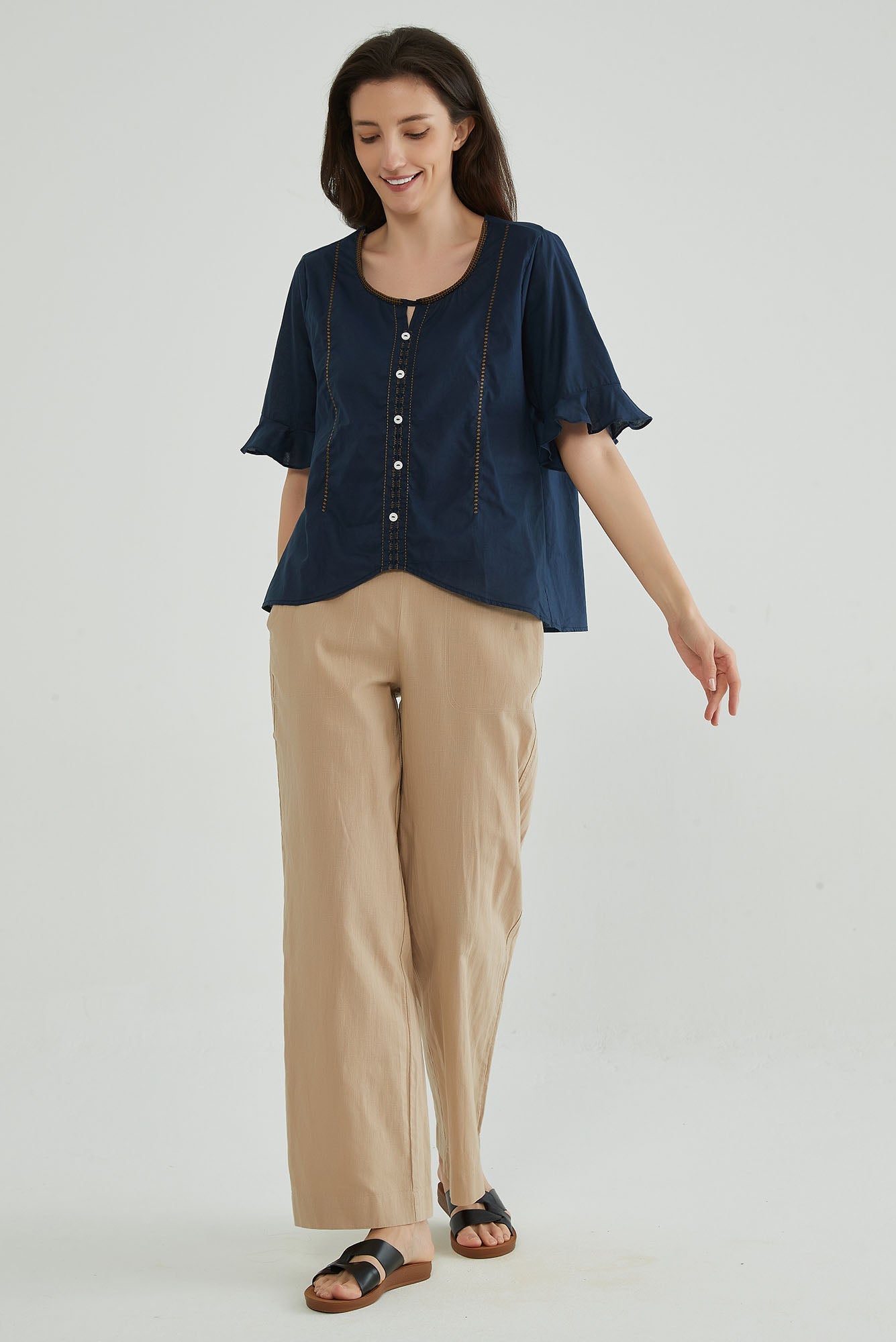 Dark Navy Embroidery Cotton Linen Tops for Ladies - Whisper Mint