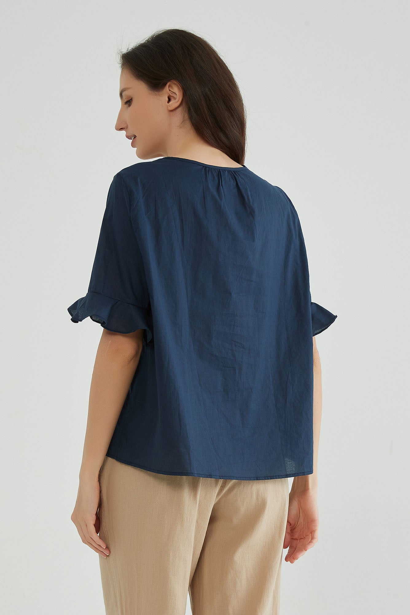 Dark Navy Embroidery Cotton Linen Tops for Ladies - Whisper Mint