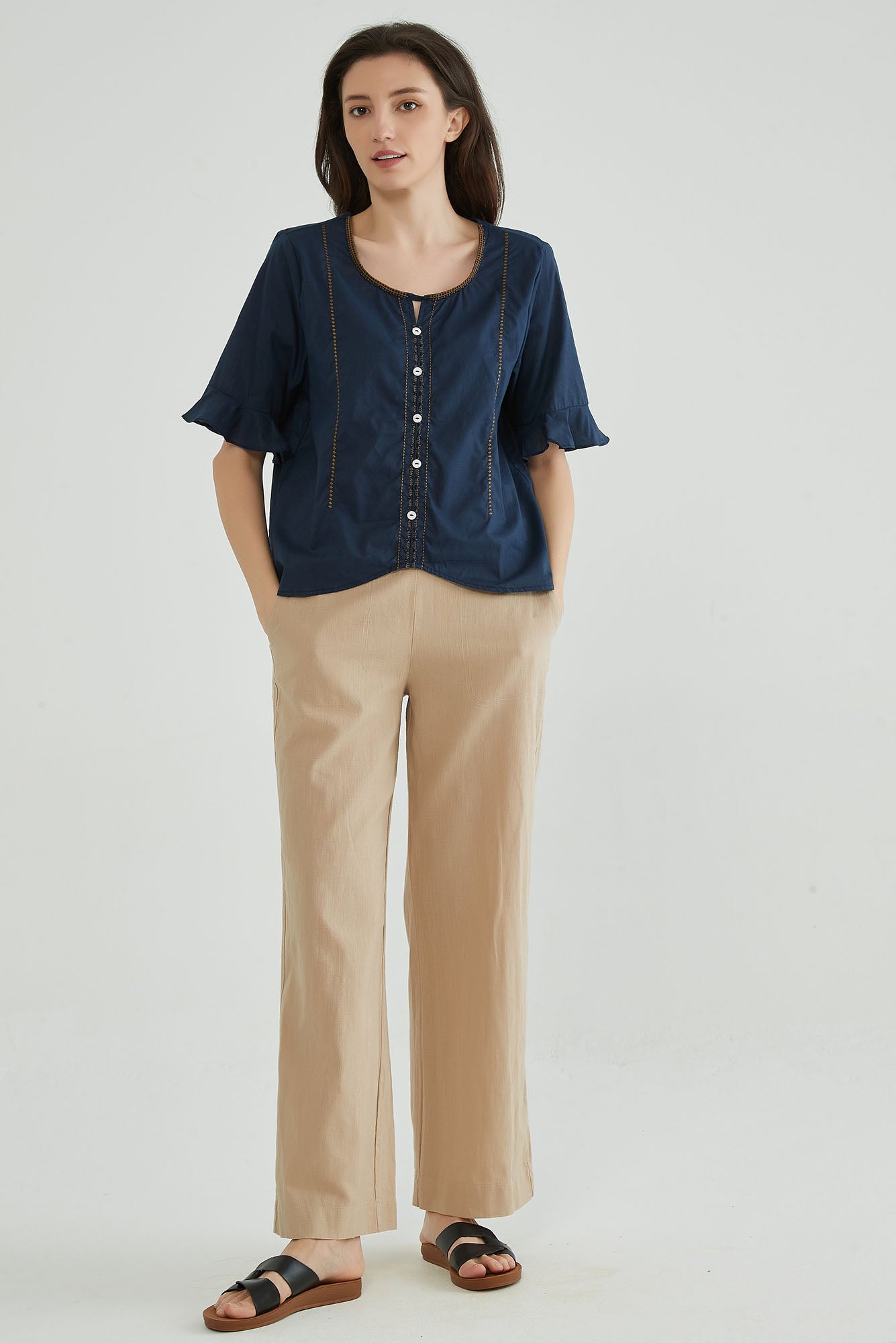 Dark Navy Embroidery Cotton Linen Tops for Ladies - Whisper Mint