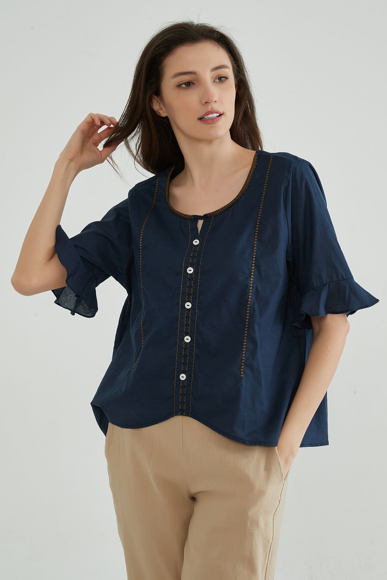 Dark Navy Embroidery Cotton Linen Tops for Ladies - Whisper Mint