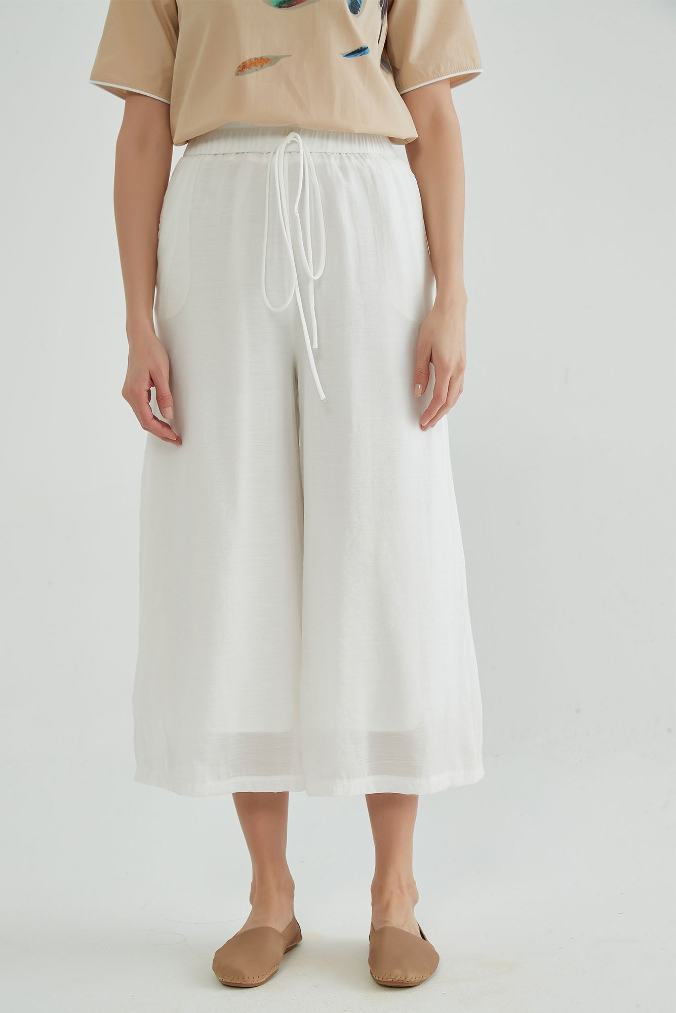 Elastic Two-Layers White Flowy Pants - Whisper Mint