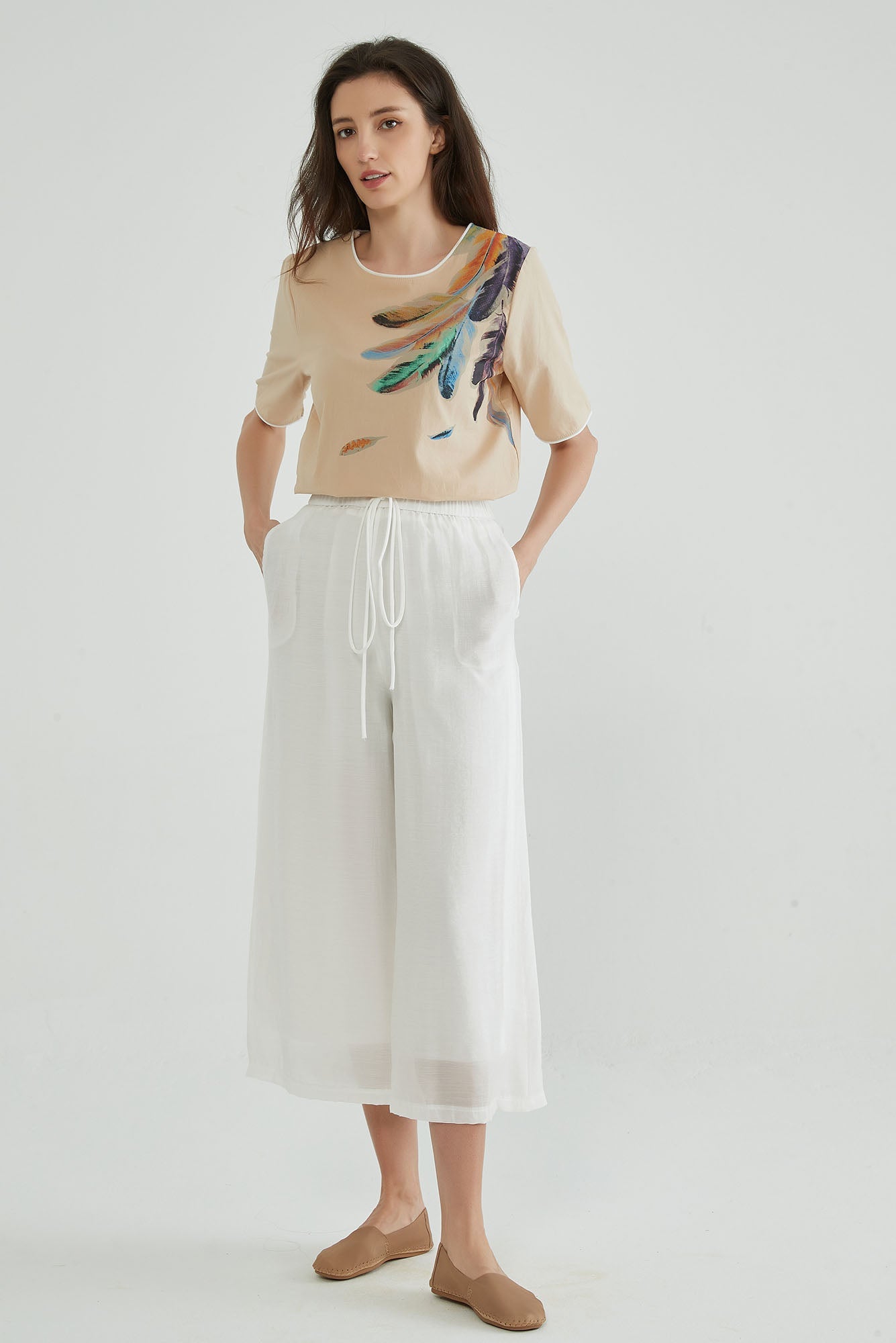 Elastic Two-Layers White Flowy Pants - Whisper Mint