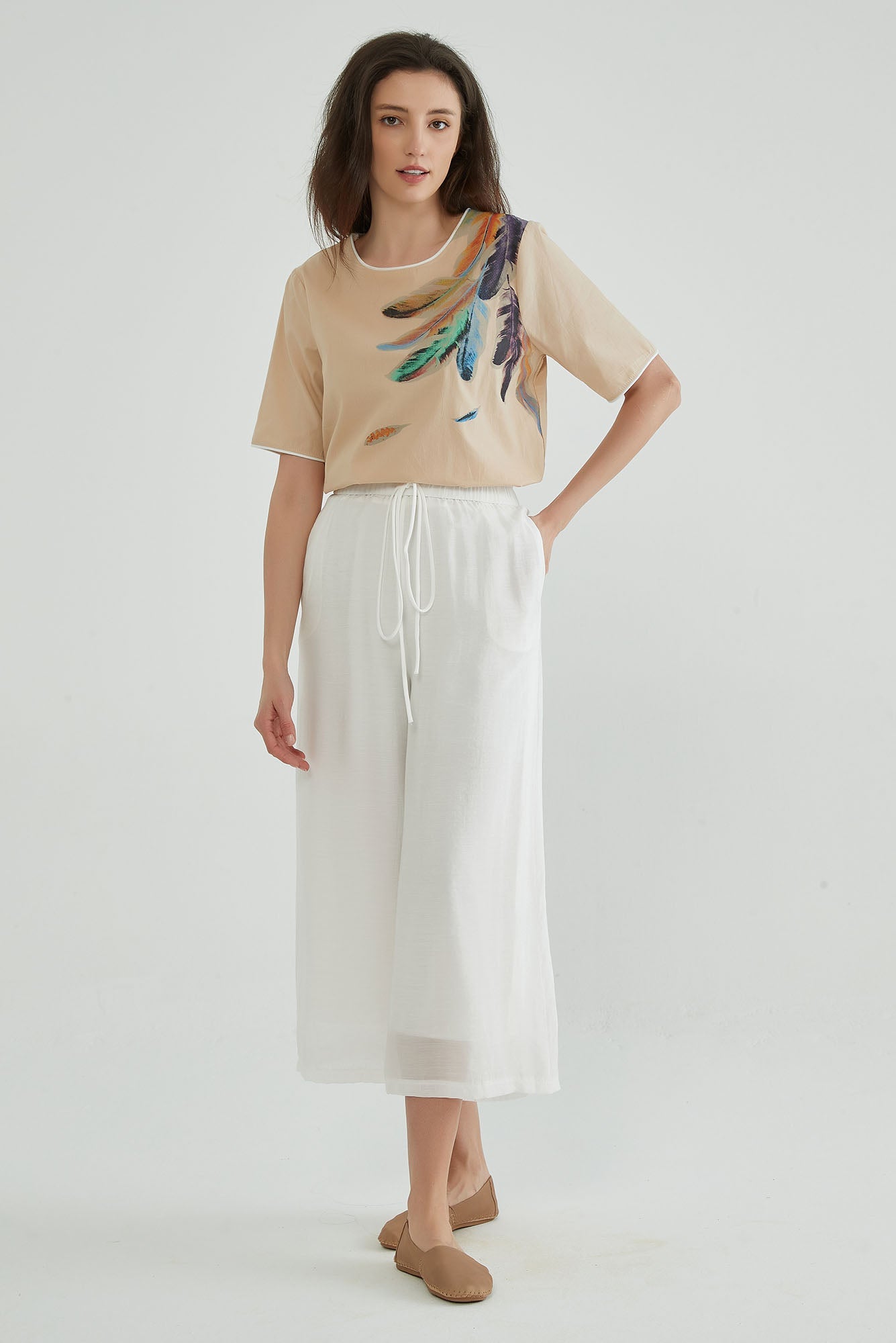Elastic Two-Layers White Flowy Pants - Whisper Mint