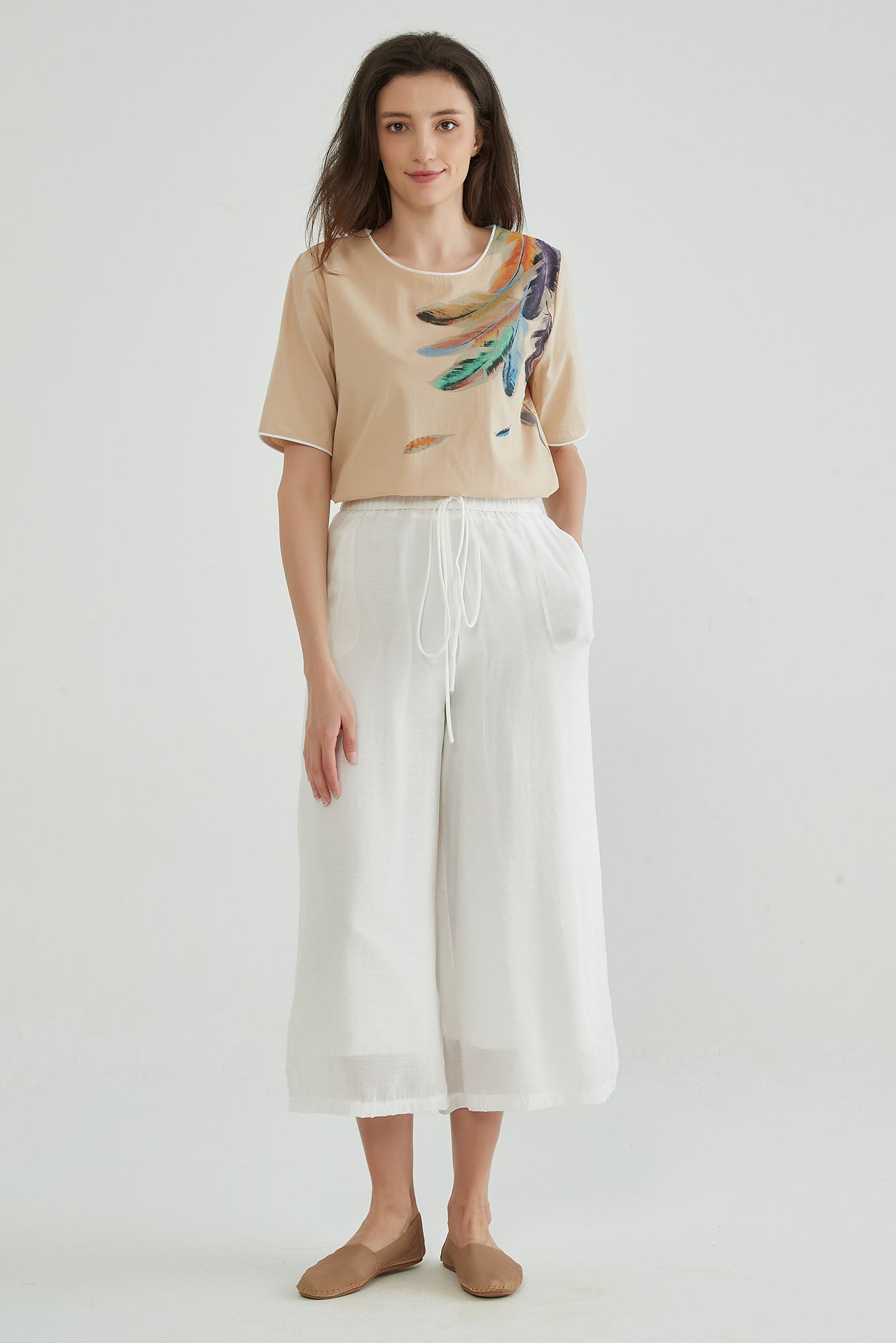 Elastic Two-Layers White Flowy Pants - Whisper Mint