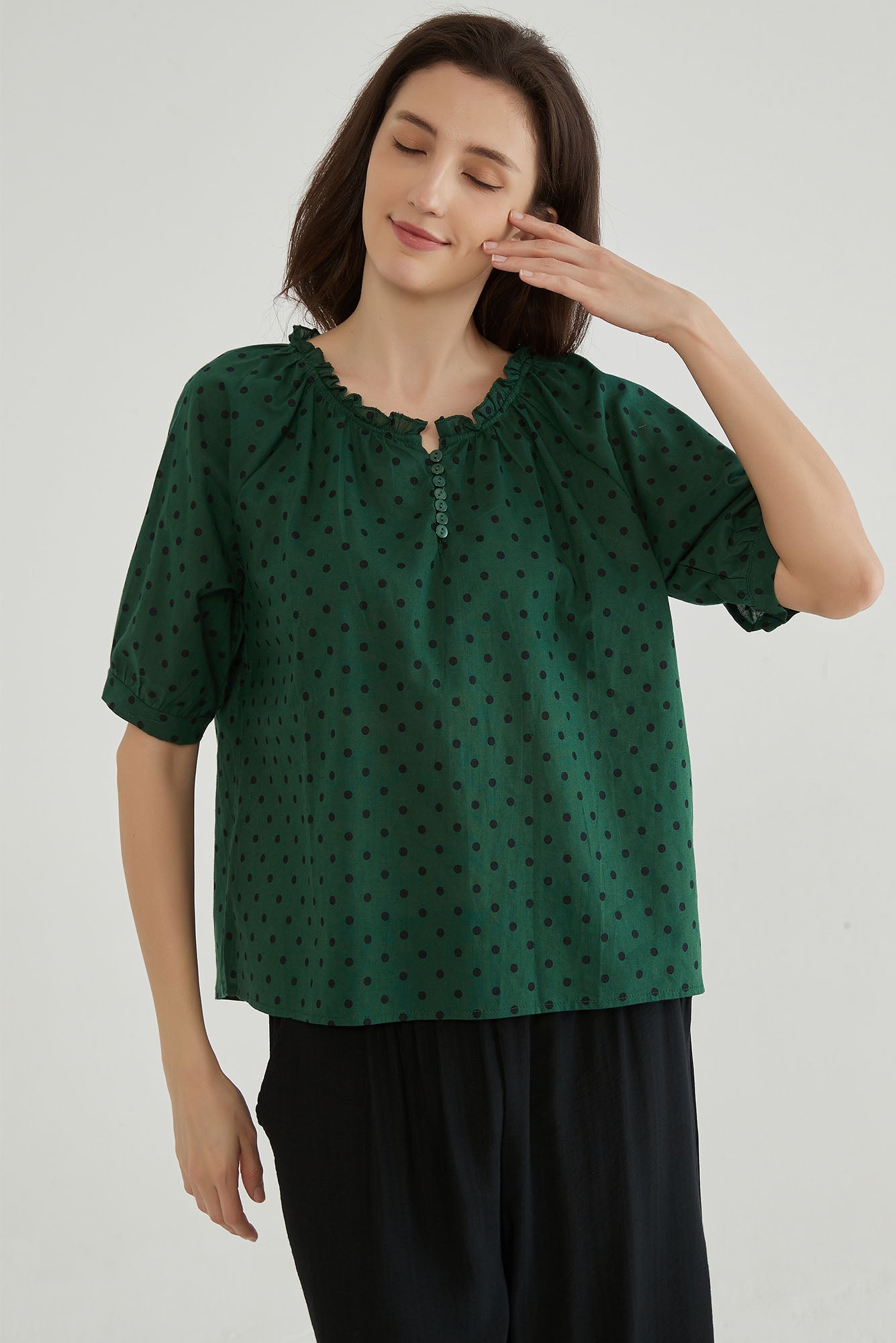 Emerald Green Polka Dot Shirt for Women - Whisper Mint