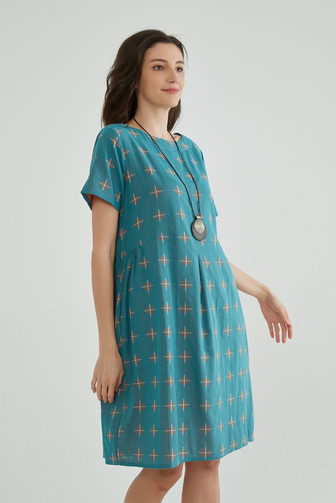 Greenish Blue Jacquard Cotton Gauze Dress - Whisper Mint