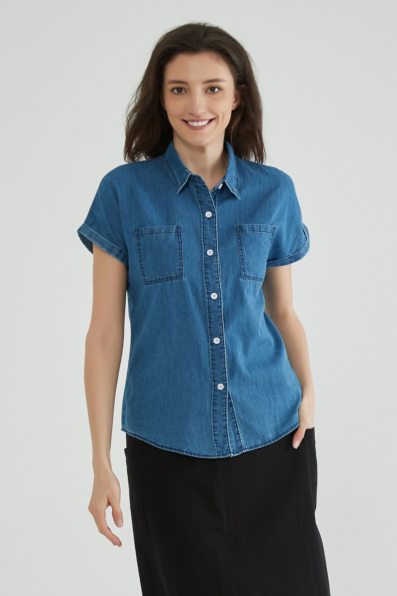 Indigo Blue Short Sleeve Denim Shirt Womens - Whisper Mint