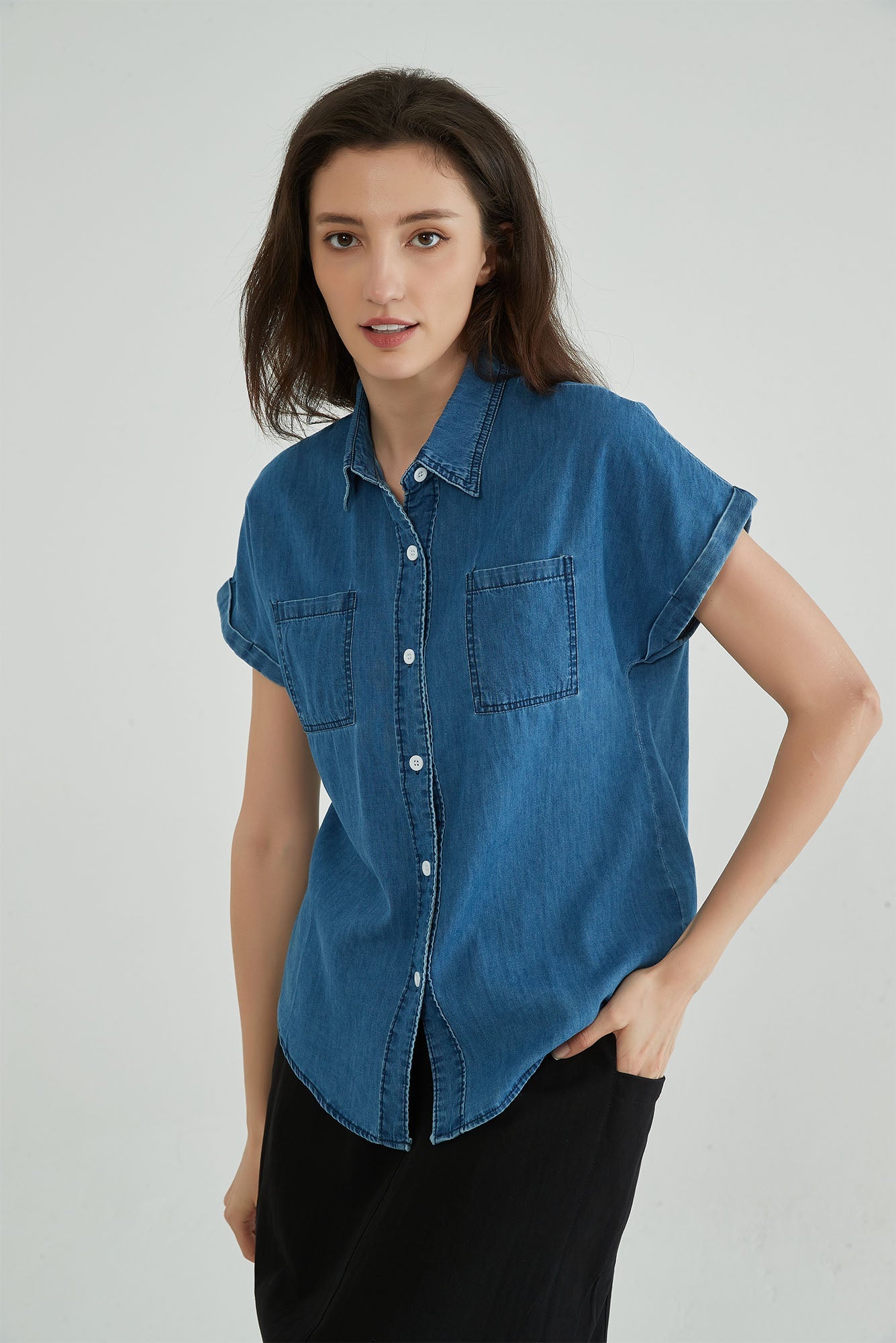Indigo Blue Short Sleeve Denim Shirt Womens - Whisper Mint
