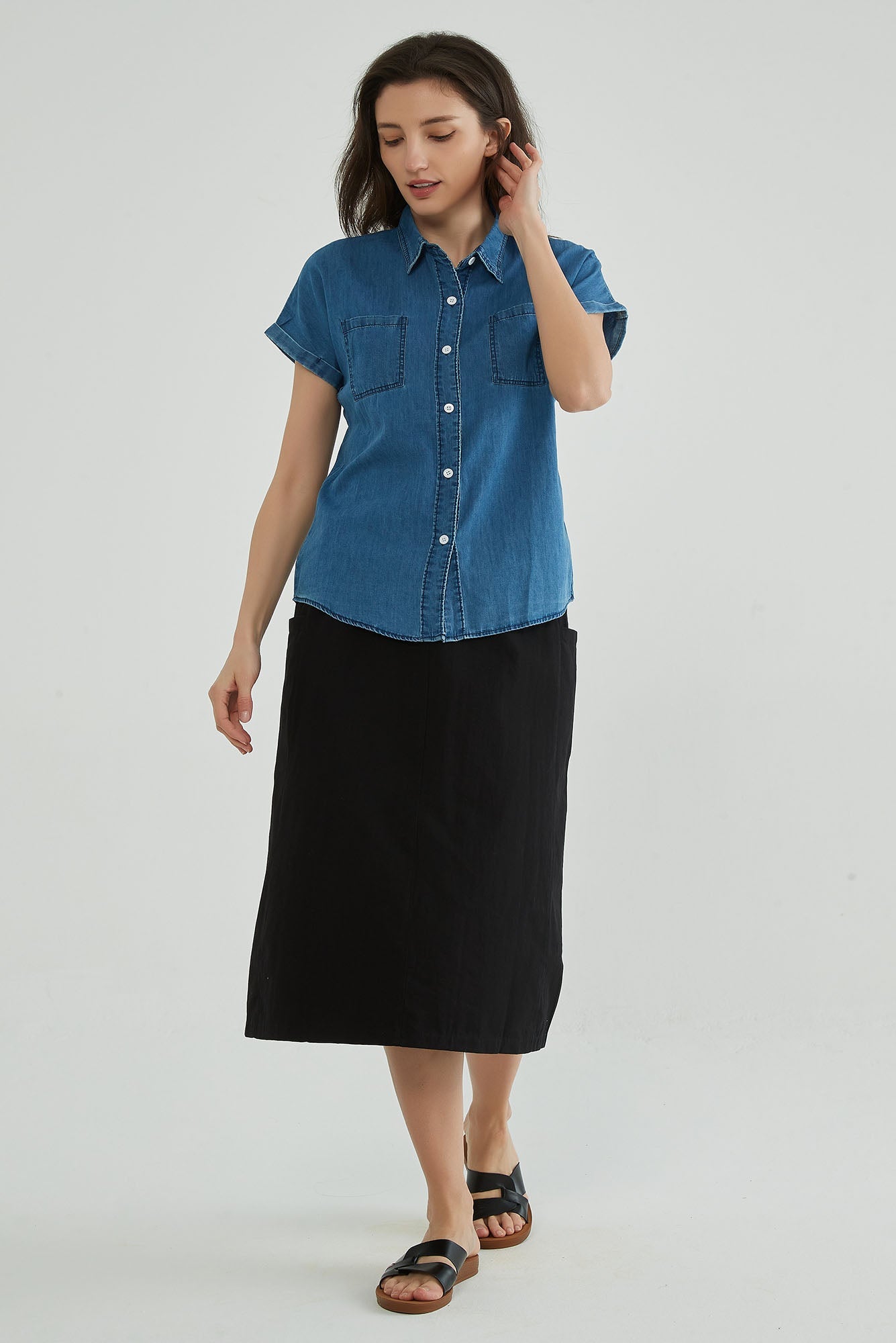 Indigo Blue Short Sleeve Denim Shirt Womens - Whisper Mint