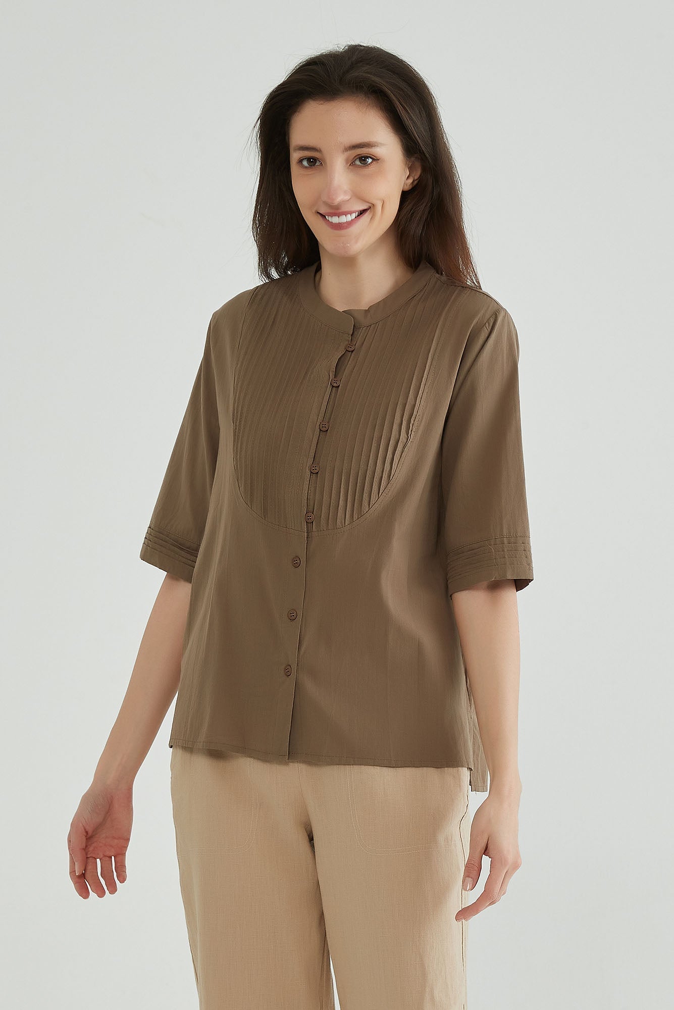 Lisbon Brown Poplin Blouse - Whisper Mint