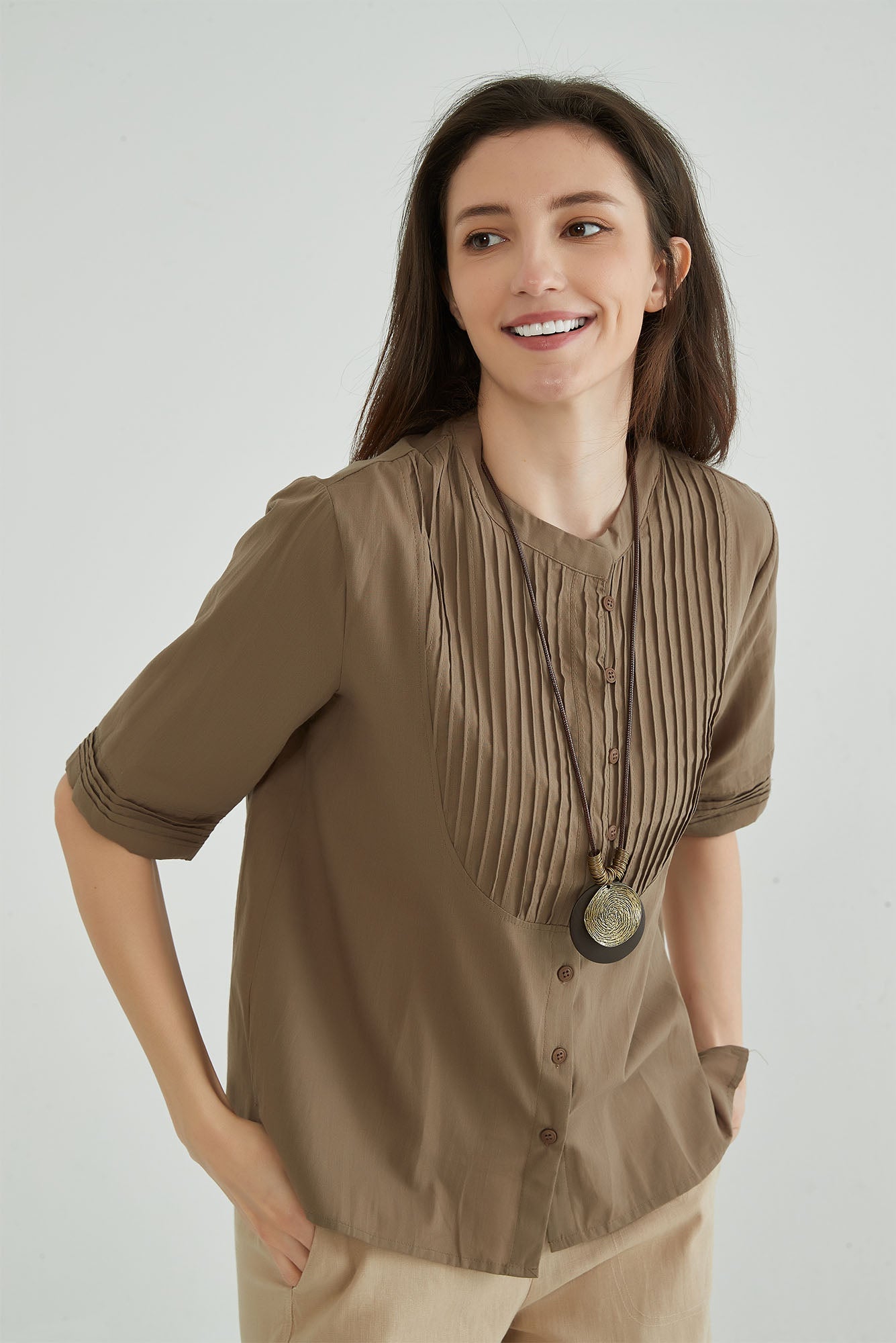 Lisbon Brown Poplin Blouse - Whisper Mint