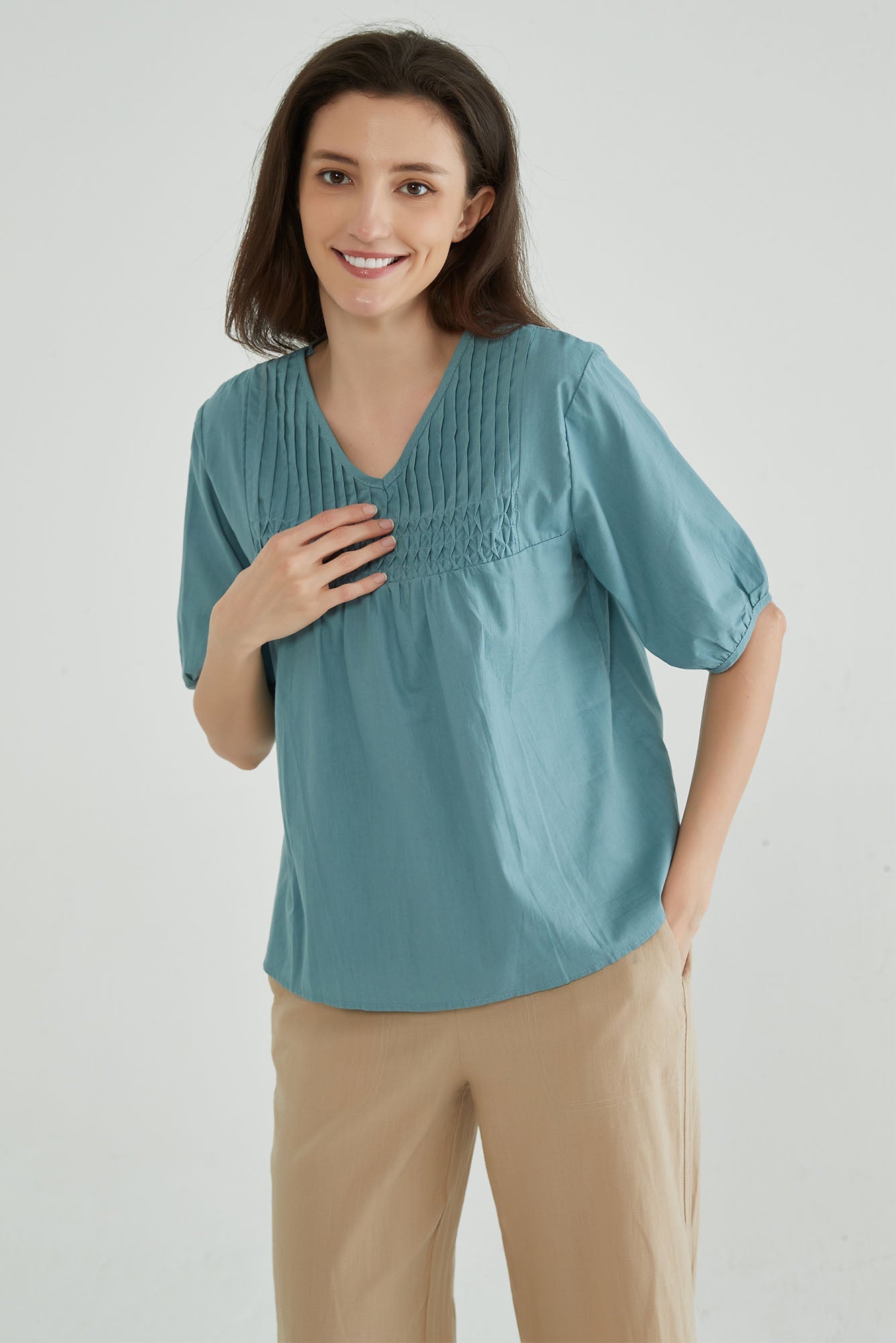 Moonstone Blue Cotton Tops for Women - Whisper Mint